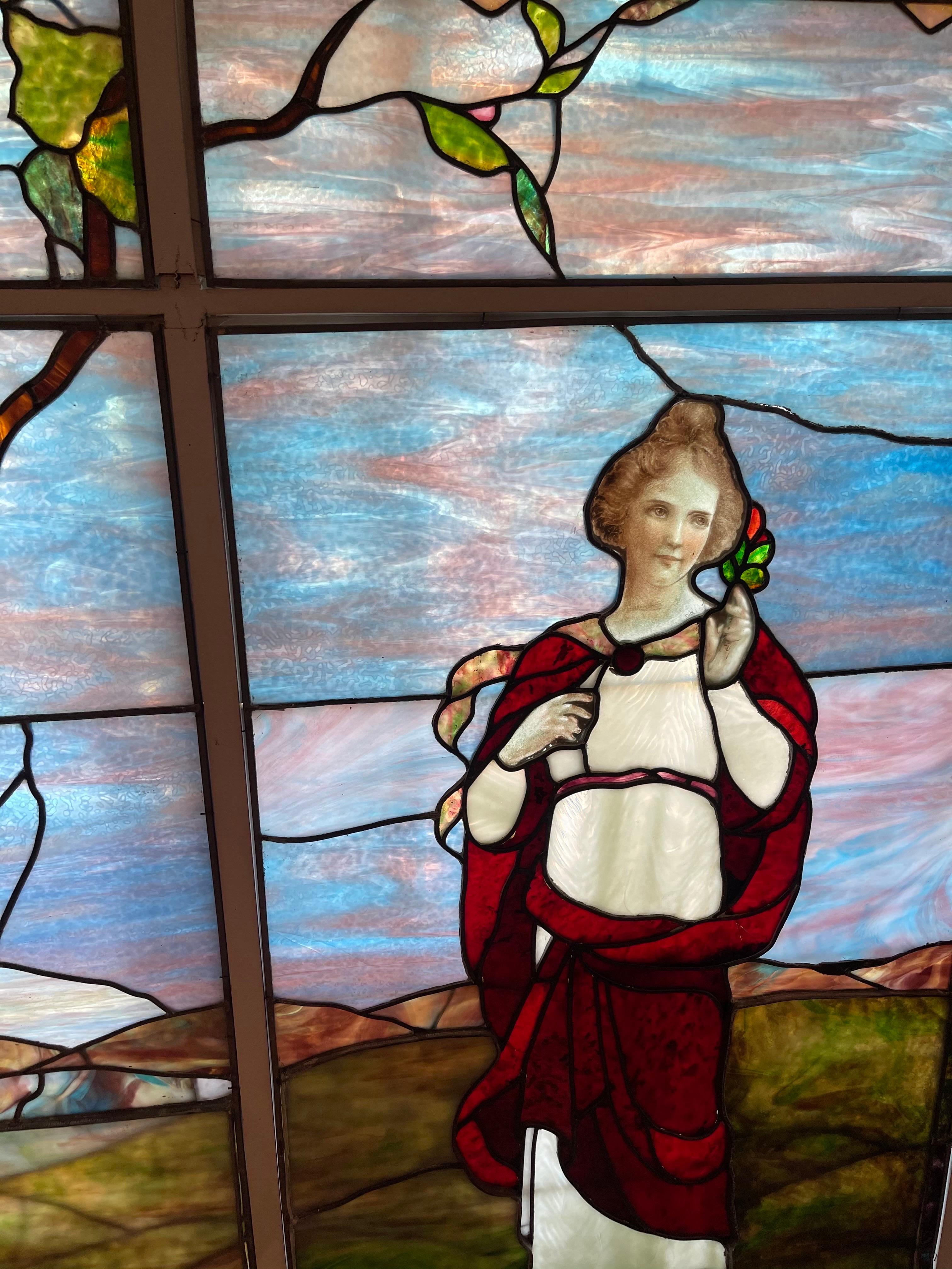 Tiffany Type Stained Glass Window, Woman in Grape Arbor Possibly Early Tiffany In Excellent Condition For Sale In Van Nuys, CA