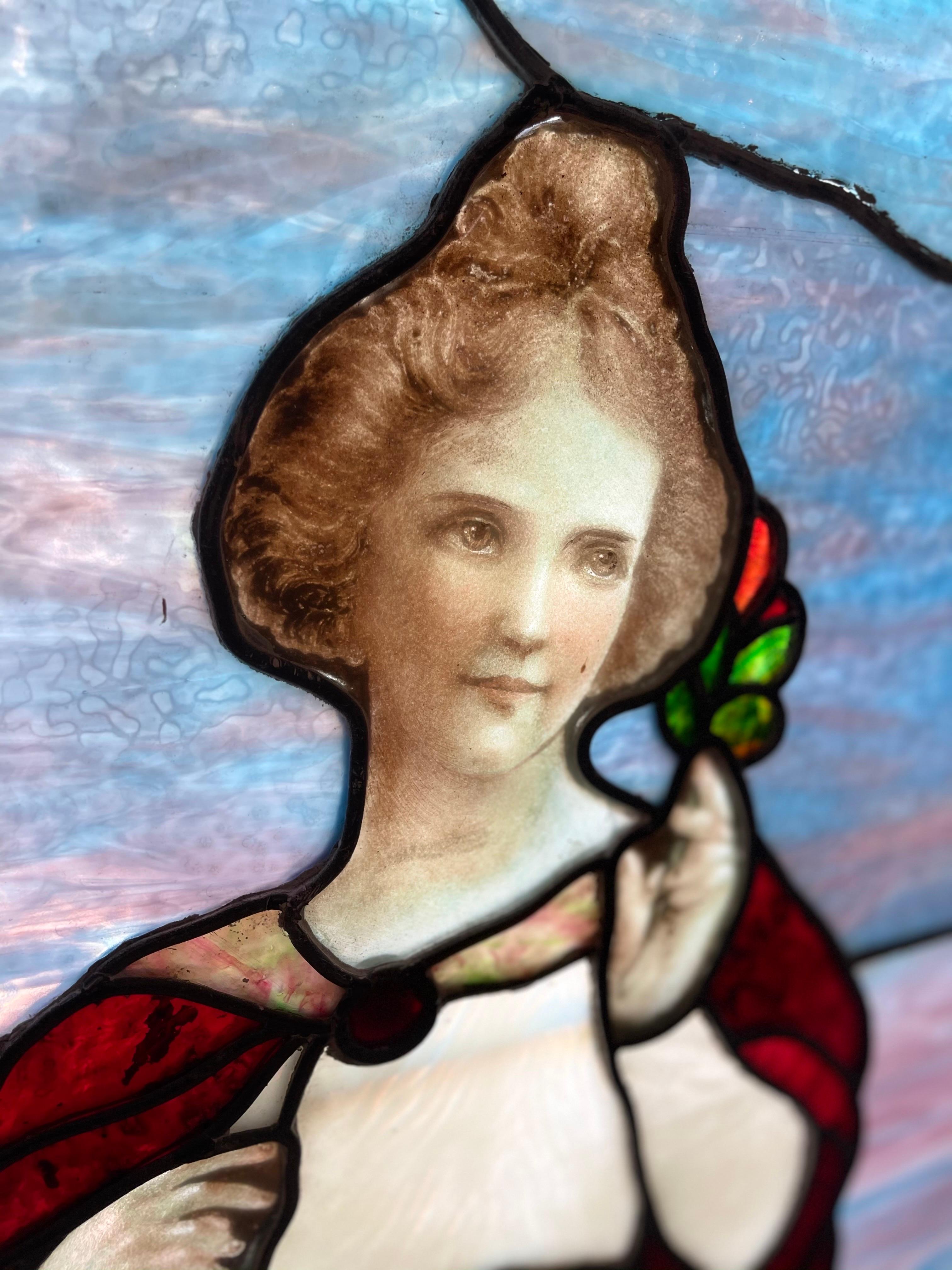 18th Century and Earlier Tiffany Type Stained Glass Window, Woman in Grape Arbor Possibly Early Tiffany For Sale