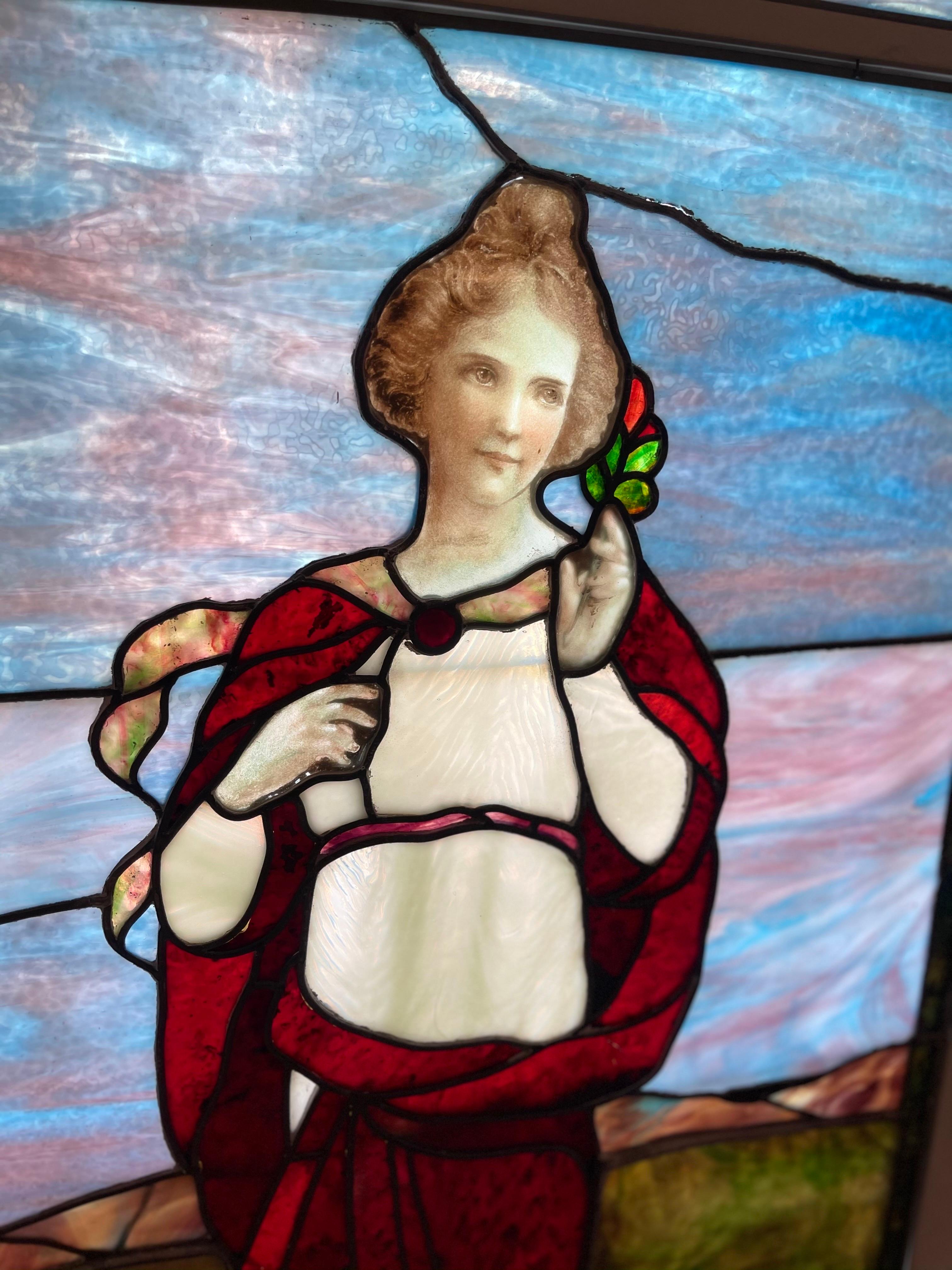 Art Glass Tiffany Type Stained Glass Window, Woman in Grape Arbor Possibly Early Tiffany For Sale