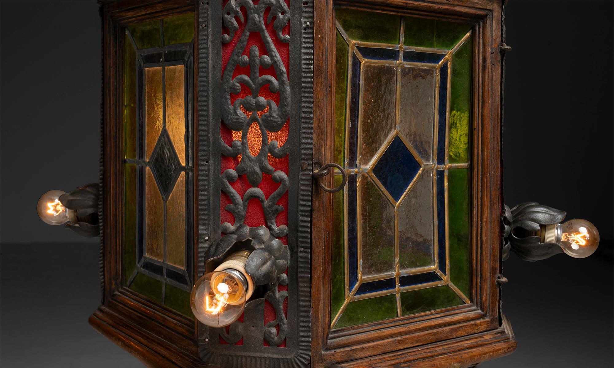 Stained Glass & Wood Lantern, France 1900 In Good Condition For Sale In Culver City, CA