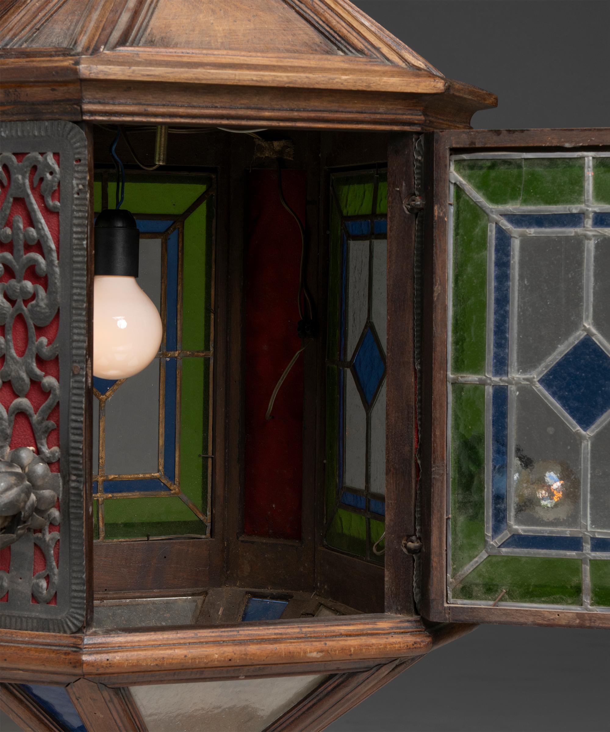 Stained Glass & Wood Lantern, France 1900 For Sale 1
