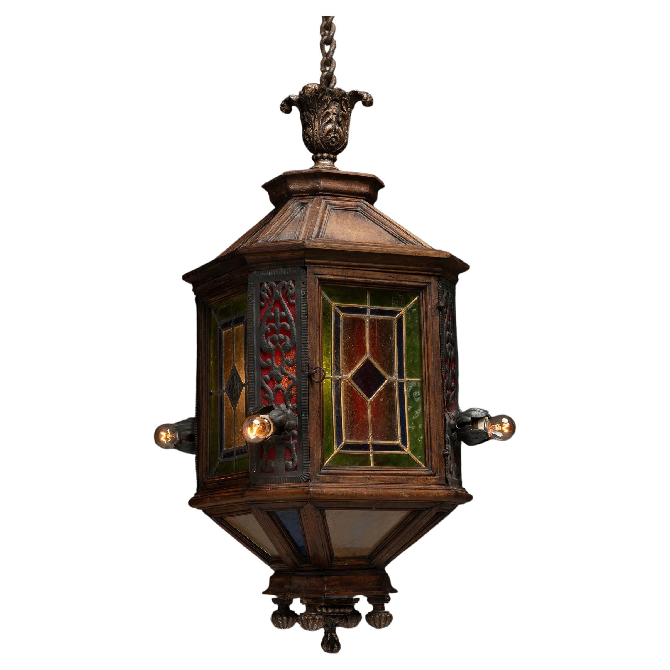 Stained Glass 
Wood Lantern, France 1900