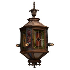 Stained Glass 
Wood Lantern, France 1900