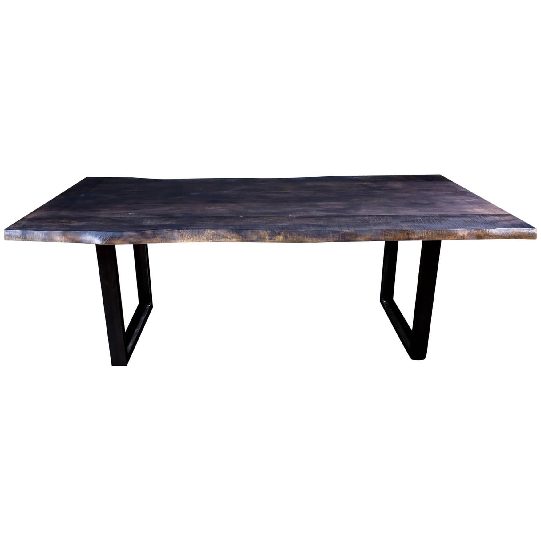 Maple Dining Table stained grey on U Shape Steel Legs For Sale
