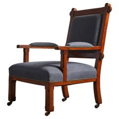 Stained Oak and Linen Arts and Crafts Armchair, England, 19th C