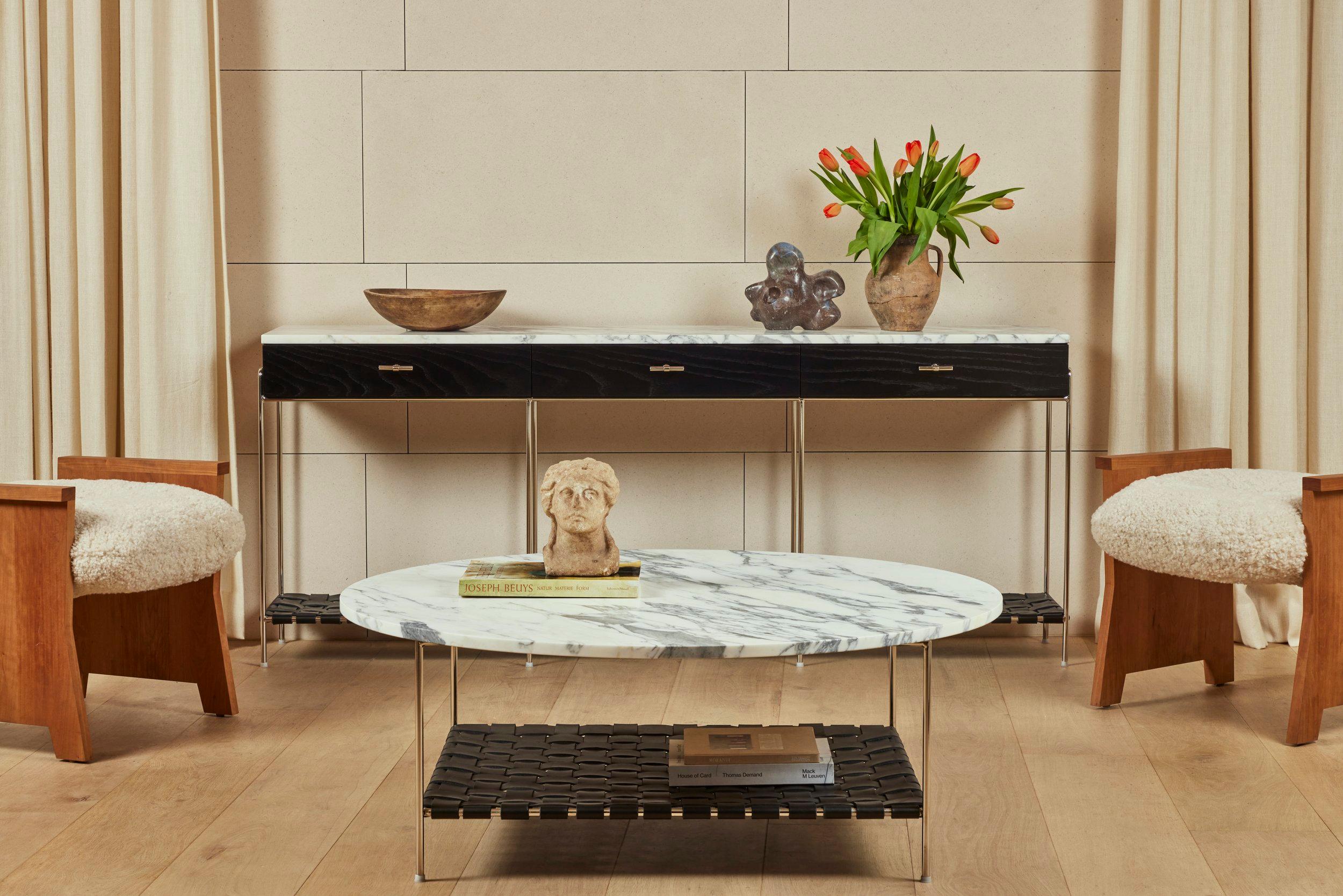 Console in Oak e marmo con ripiano in pelle intrecciata - nichelato lucido in vendita 4