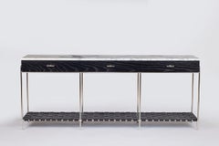 Stained Oak and Marble Console with Woven Leather Shelf - Polished Nickel Plated