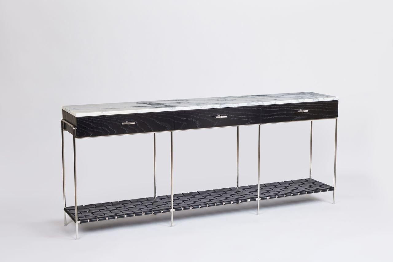 Annerito Console in Oak e marmo con ripiano in pelle intrecciata - nichelato lucido in vendita
