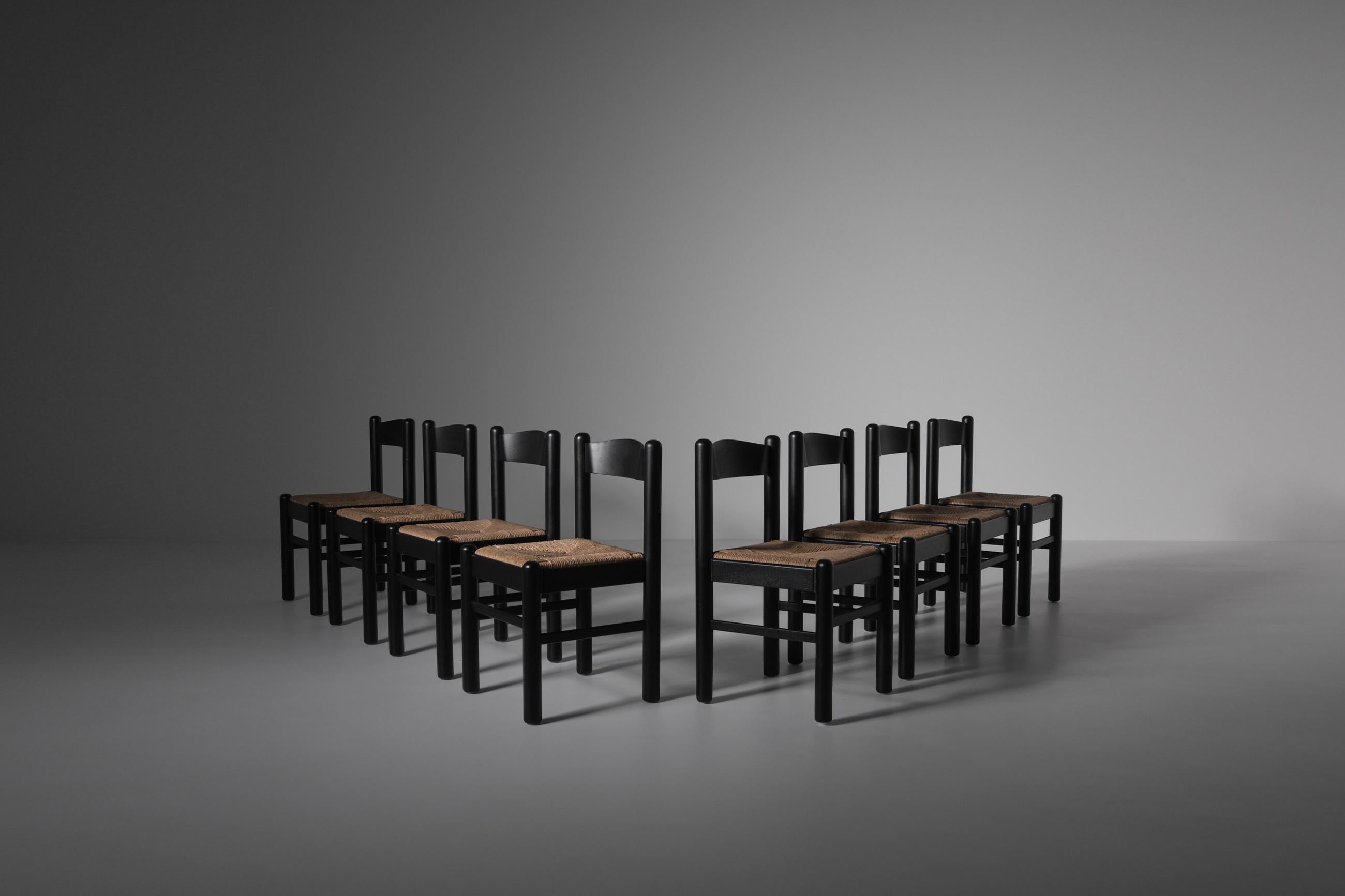 Stained Oak and Rush Dining Chairs, Set of 8 1