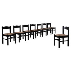 Stained Oak and Rush Dining Chairs, Set of 8