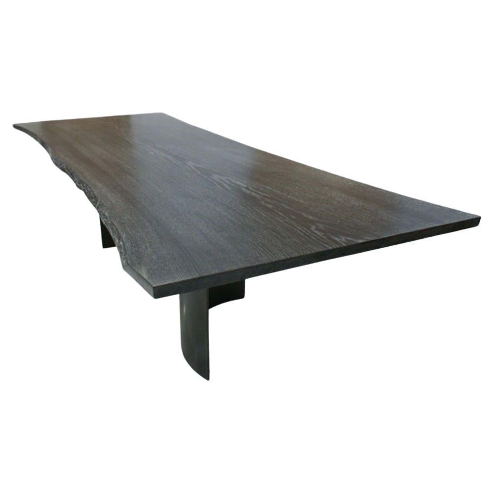 Organic Live Edge Stained Oak with Silver Rub Dining Table and Curved Legs For Sale