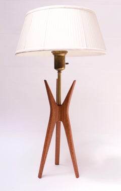 Stained Oak Tripod Table Lamp with Diffuser and Shade by Gerald Thurston