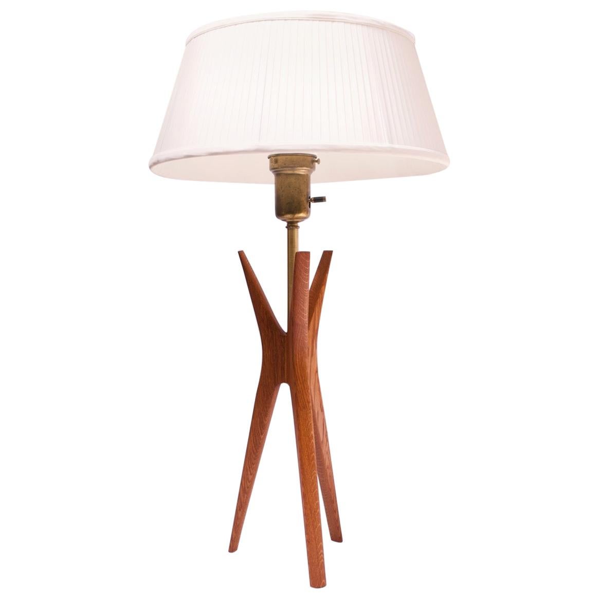 Stained Oak Tripod Table Lamp with Diffuser and Shade by Gerald Thurston