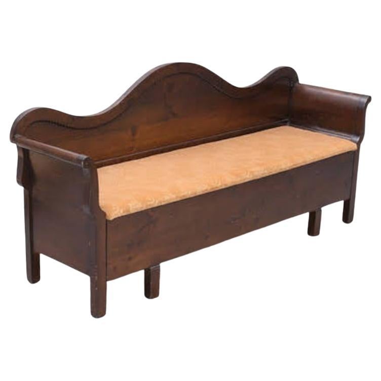 Stained Pine Kitchen Sofa with Curved Back and Elegant Rolled Arms, Early 1900s