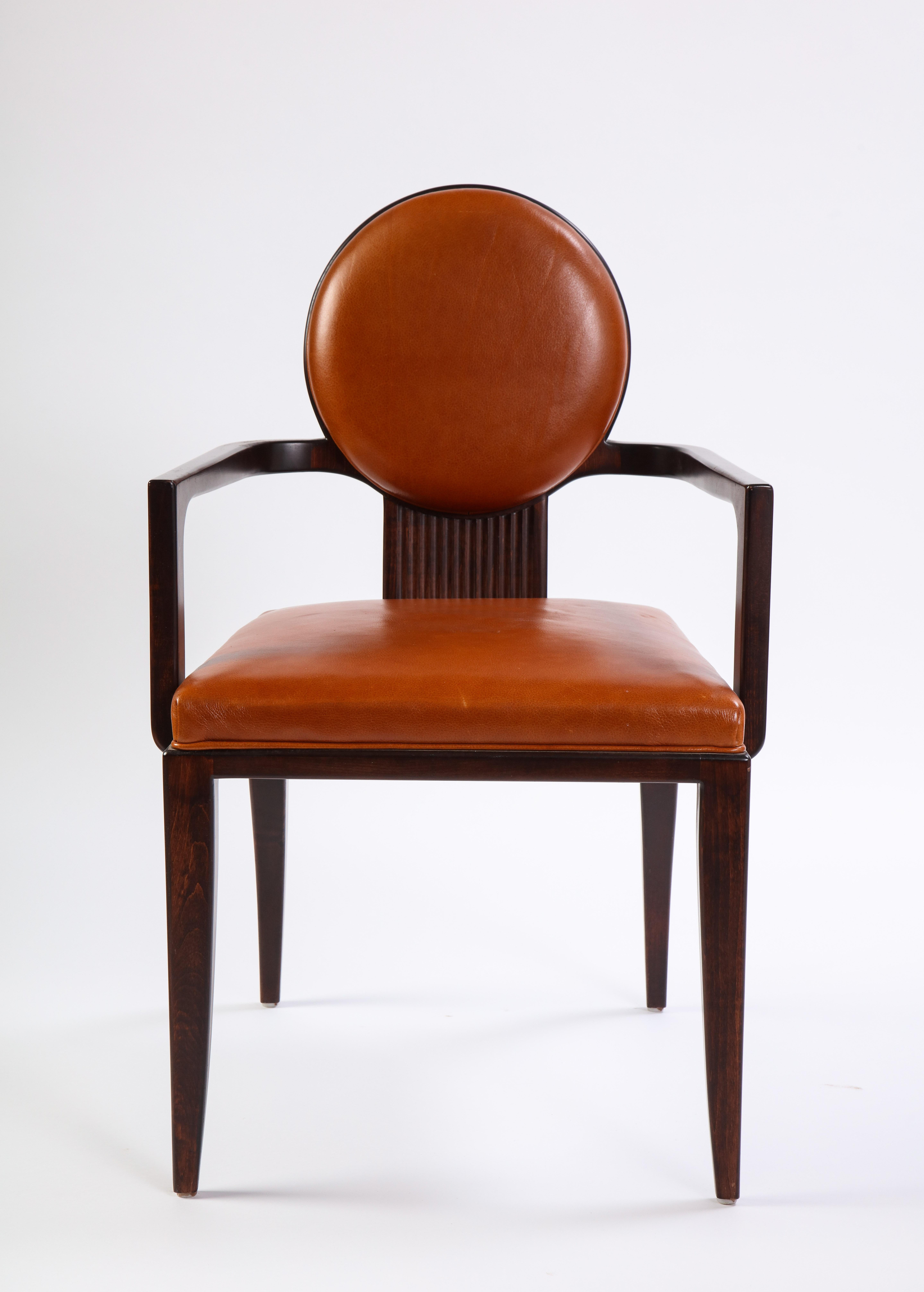 Stained Wooden Armchair with Leather Upholstery by Juan Montoya, Modern In Good Condition In New York, NY