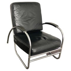 Staineless Steel & Black Leather Lounge Chair by Royal Metal Manufacturing Co.