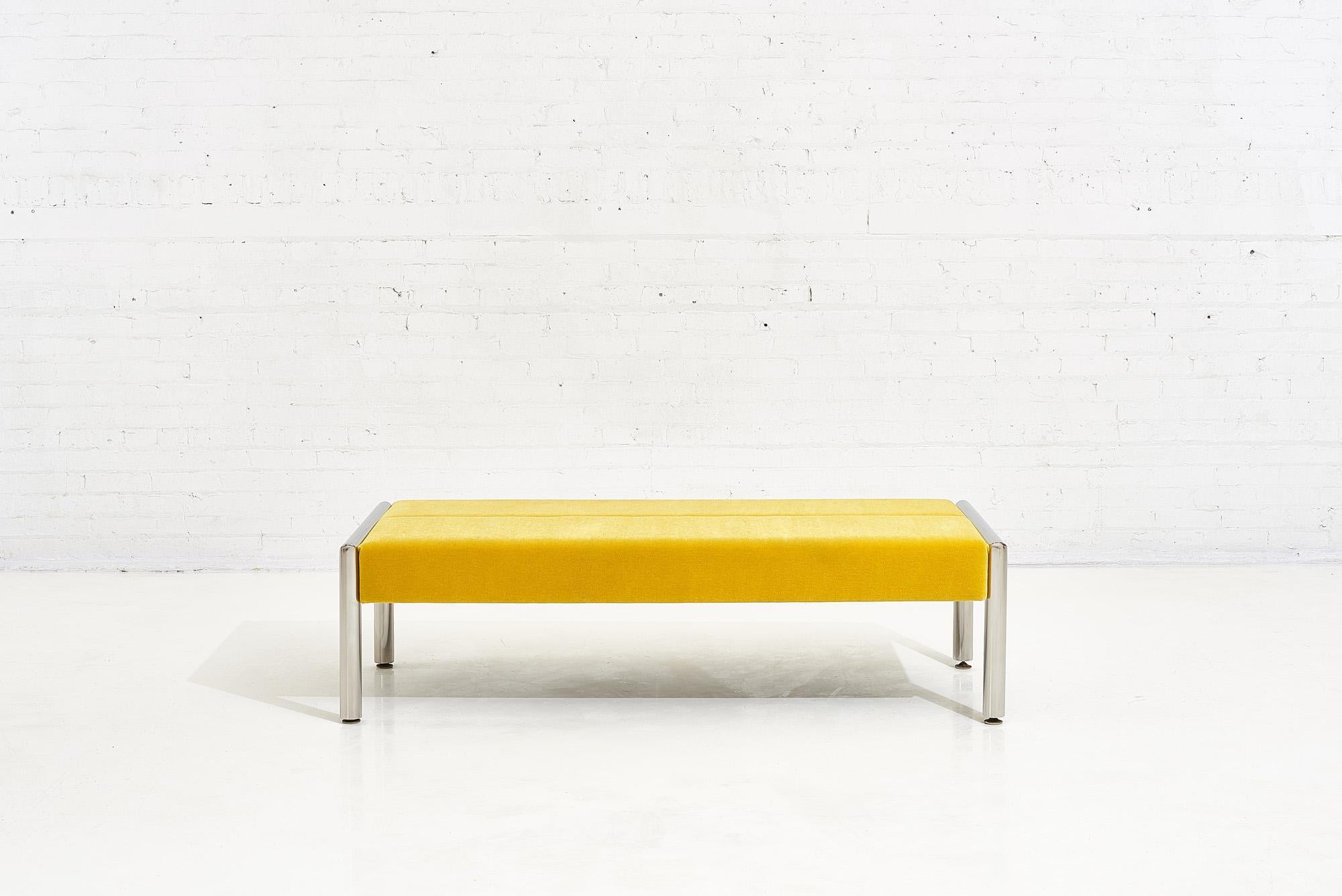 Stainless and mohair bench, 1970. Heavy tubular stainless steel, in the style of Karl Springer.