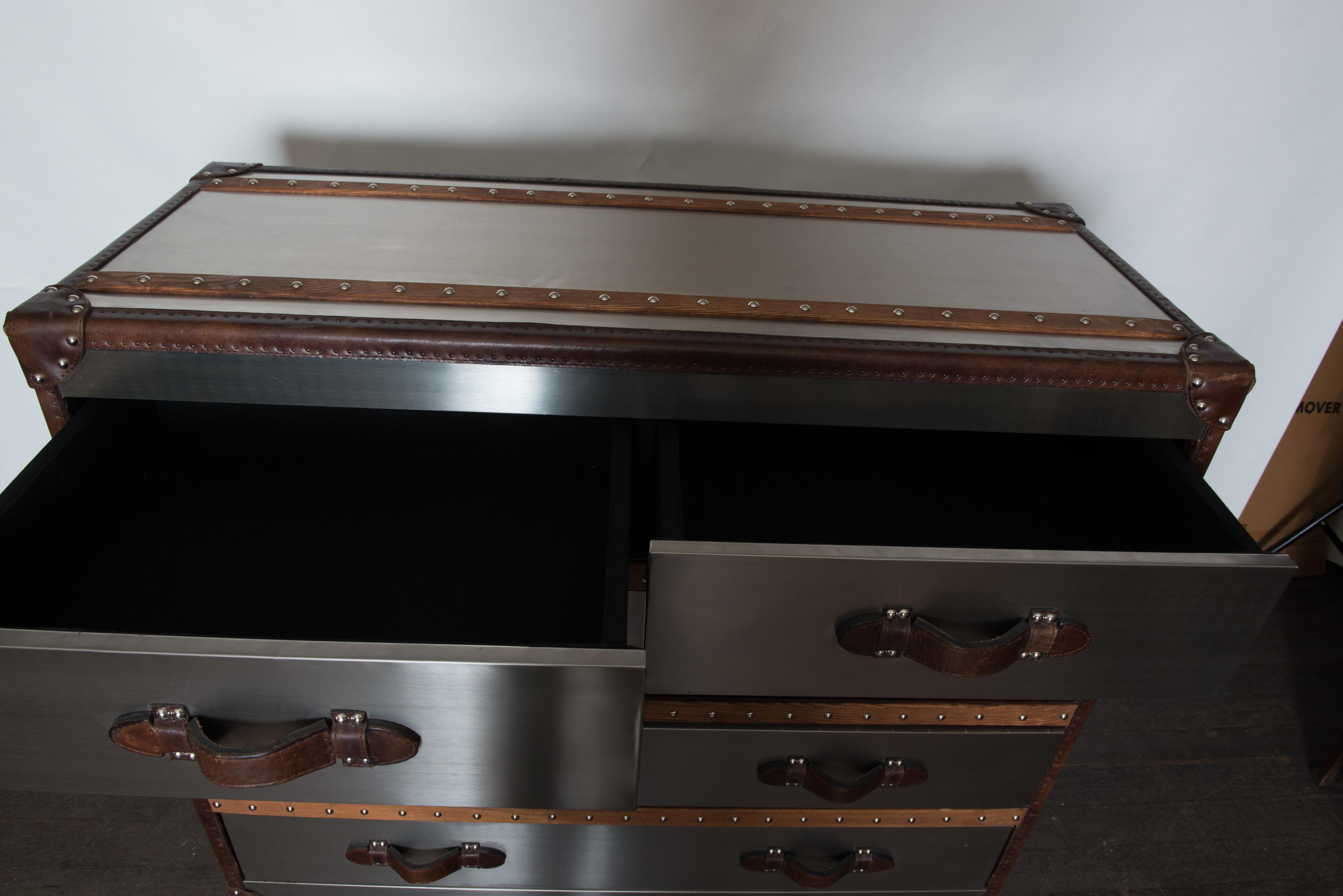 Hermes style Stainless Steel, Leather, Wood Chest of Drawers 8