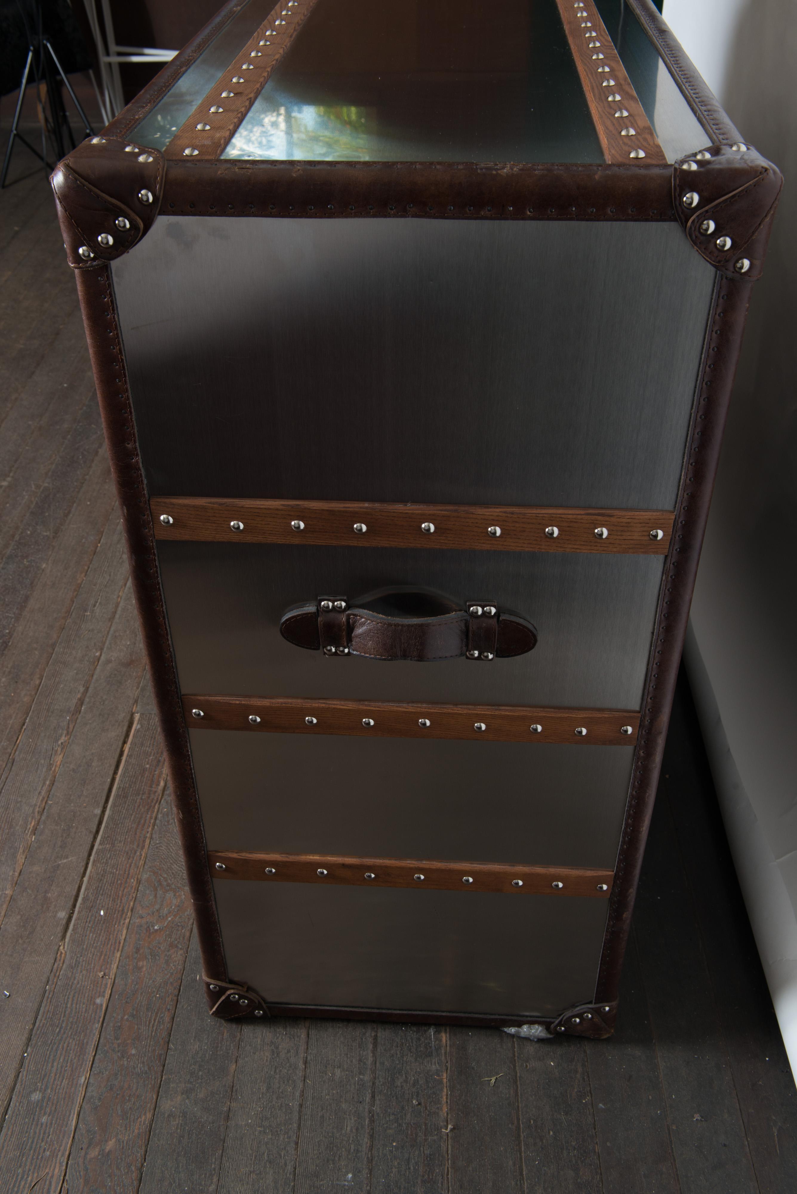 Italian Hermes style Stainless Steel, Leather, Wood Chest of Drawers