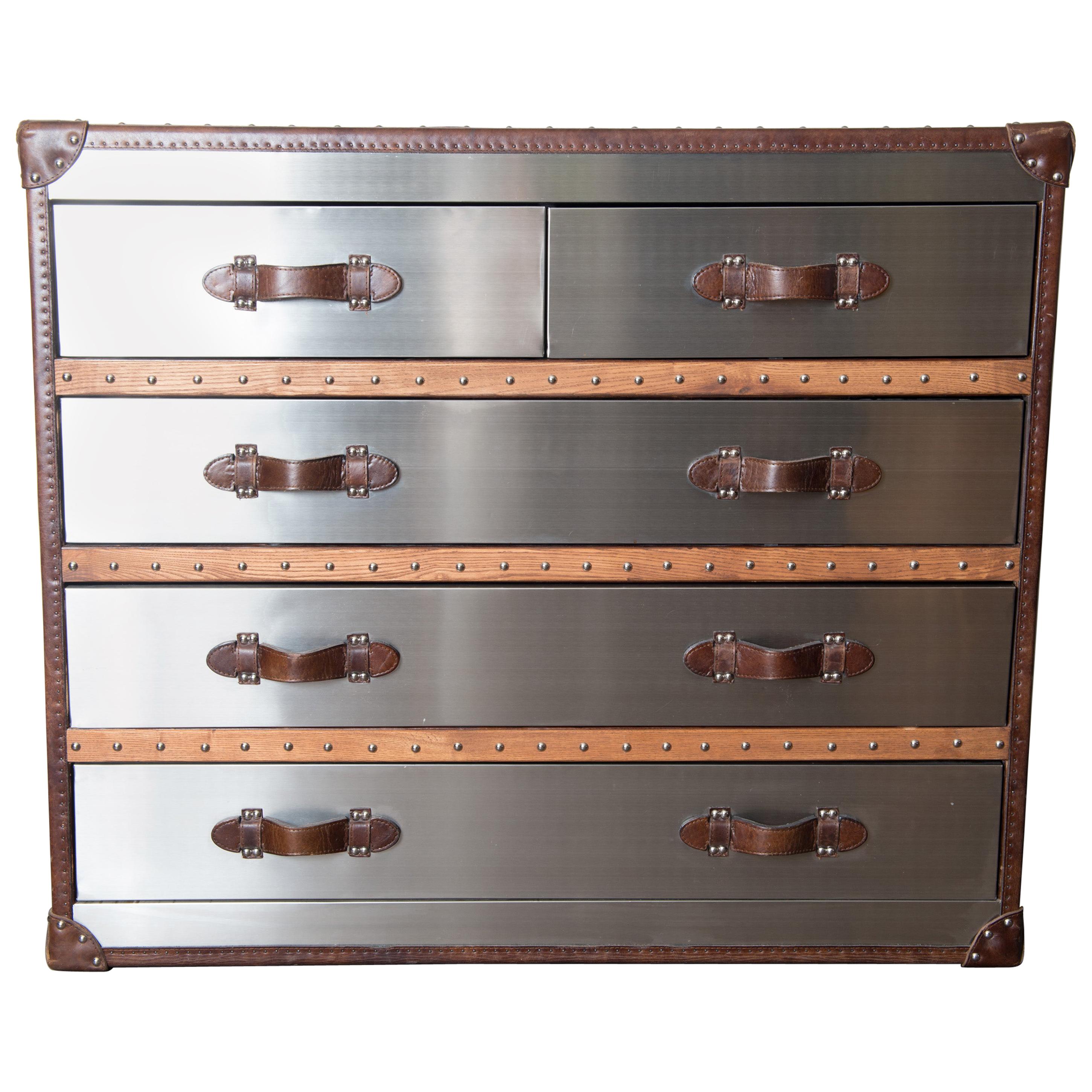 Hermes style Stainless Steel, Leather, Wood Chest of Drawers