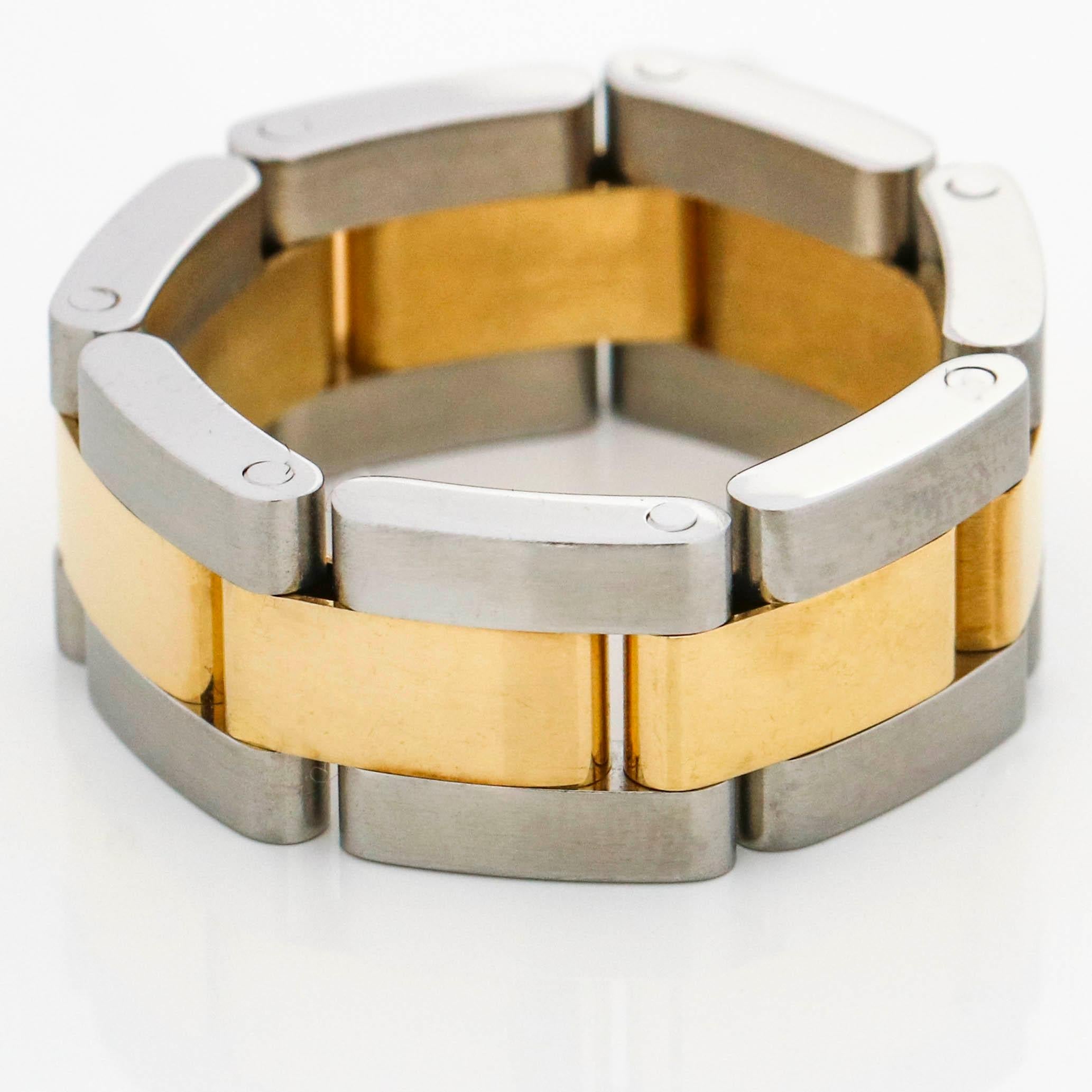 Men's Rolex style oyster bracelet link band in 18-karat yellow gold and stainless steel. The ring has 7 links. 

Size, 10.25
Width, 10mm
Depth, 2.5mm 
Weight, 12.8 grams 

Previously owned, in excellent condition. Original packaging not included.