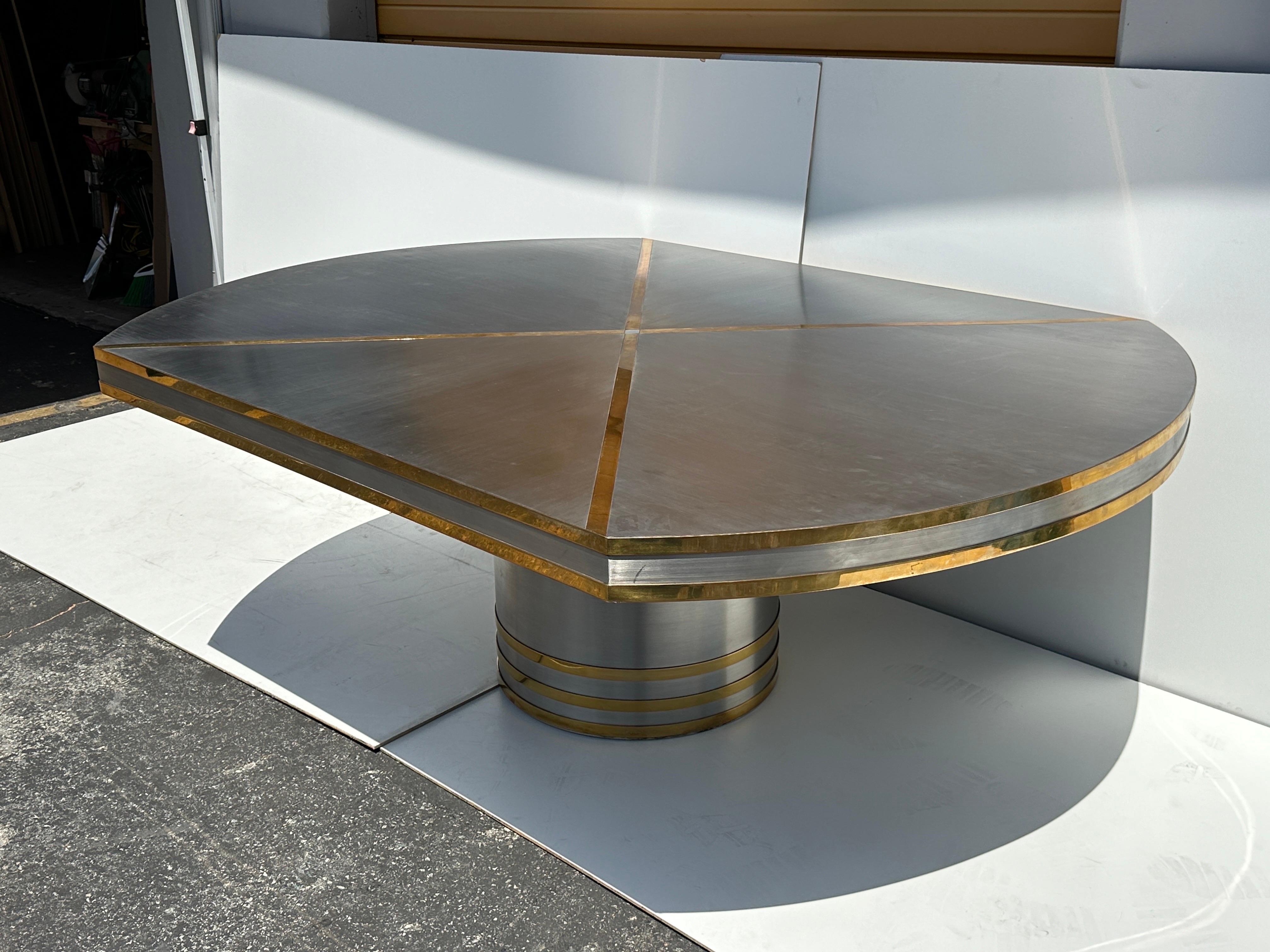 Brushed Stainless Steel and Brass Dining Table  For Sale