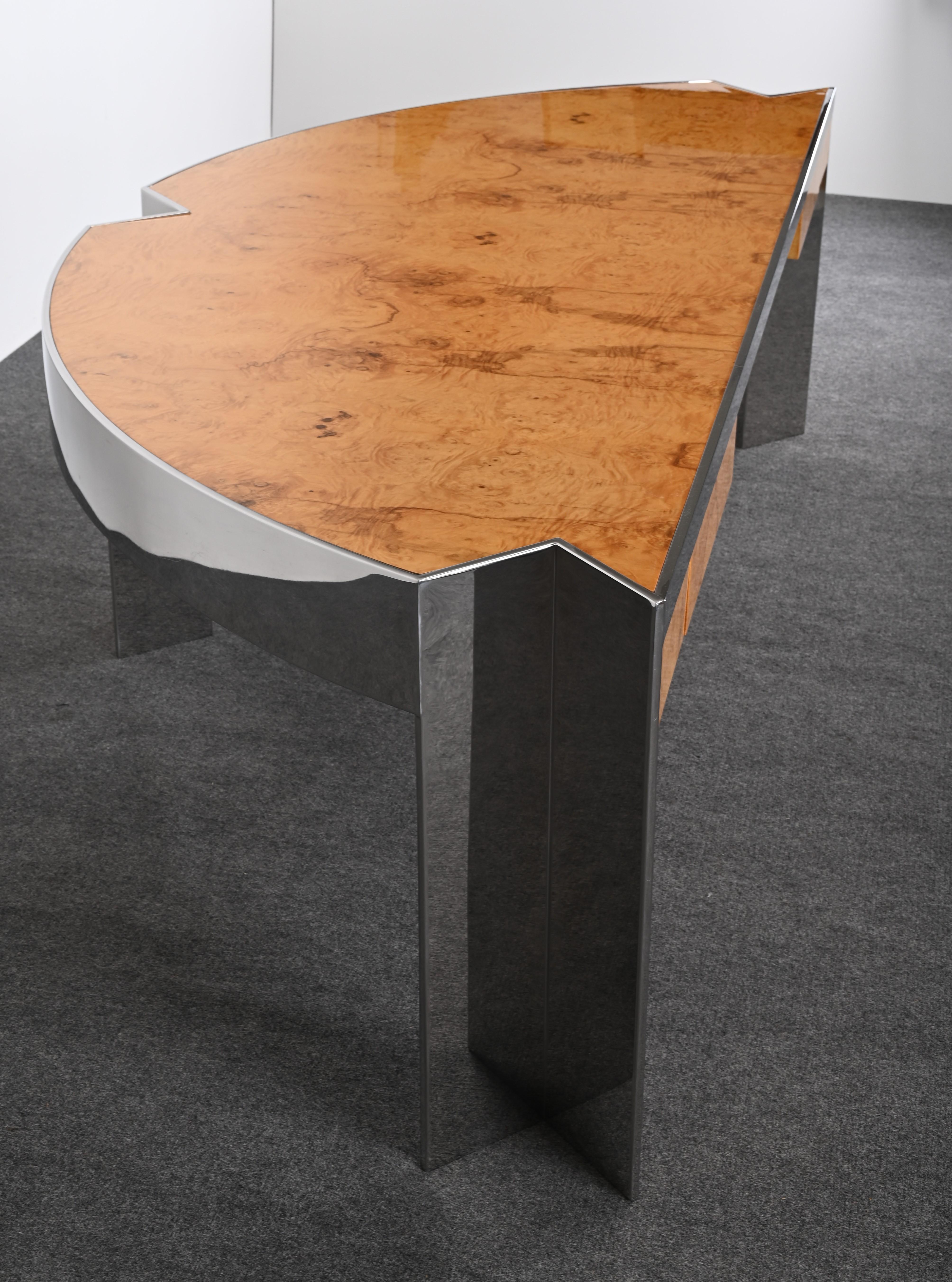 Stainless Steel and Burl Wood Desk by Leon Rosen for Pace, 1980s For Sale 5