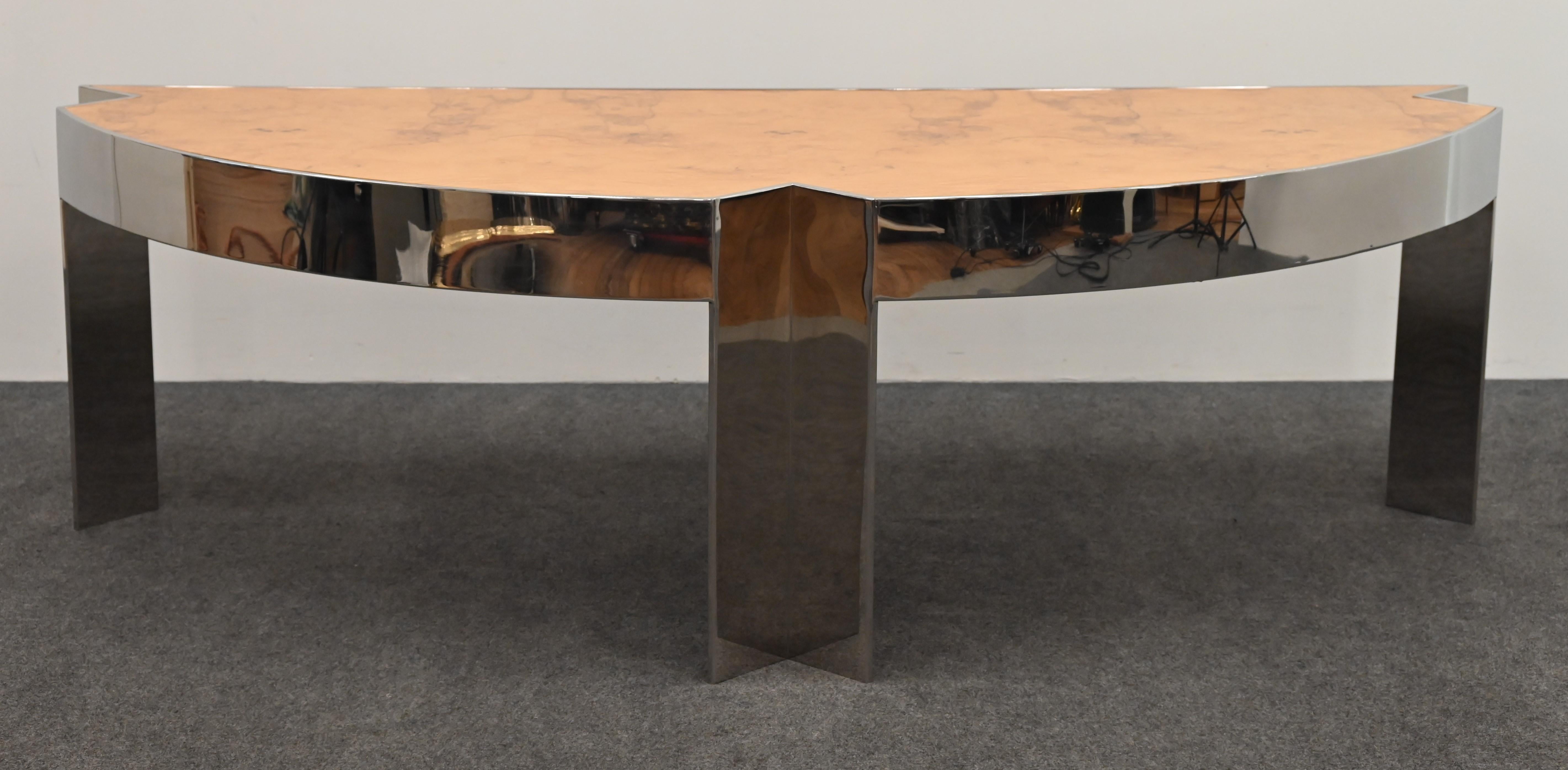Stainless Steel and Burl Wood Desk by Leon Rosen for Pace, 1980s For Sale 7