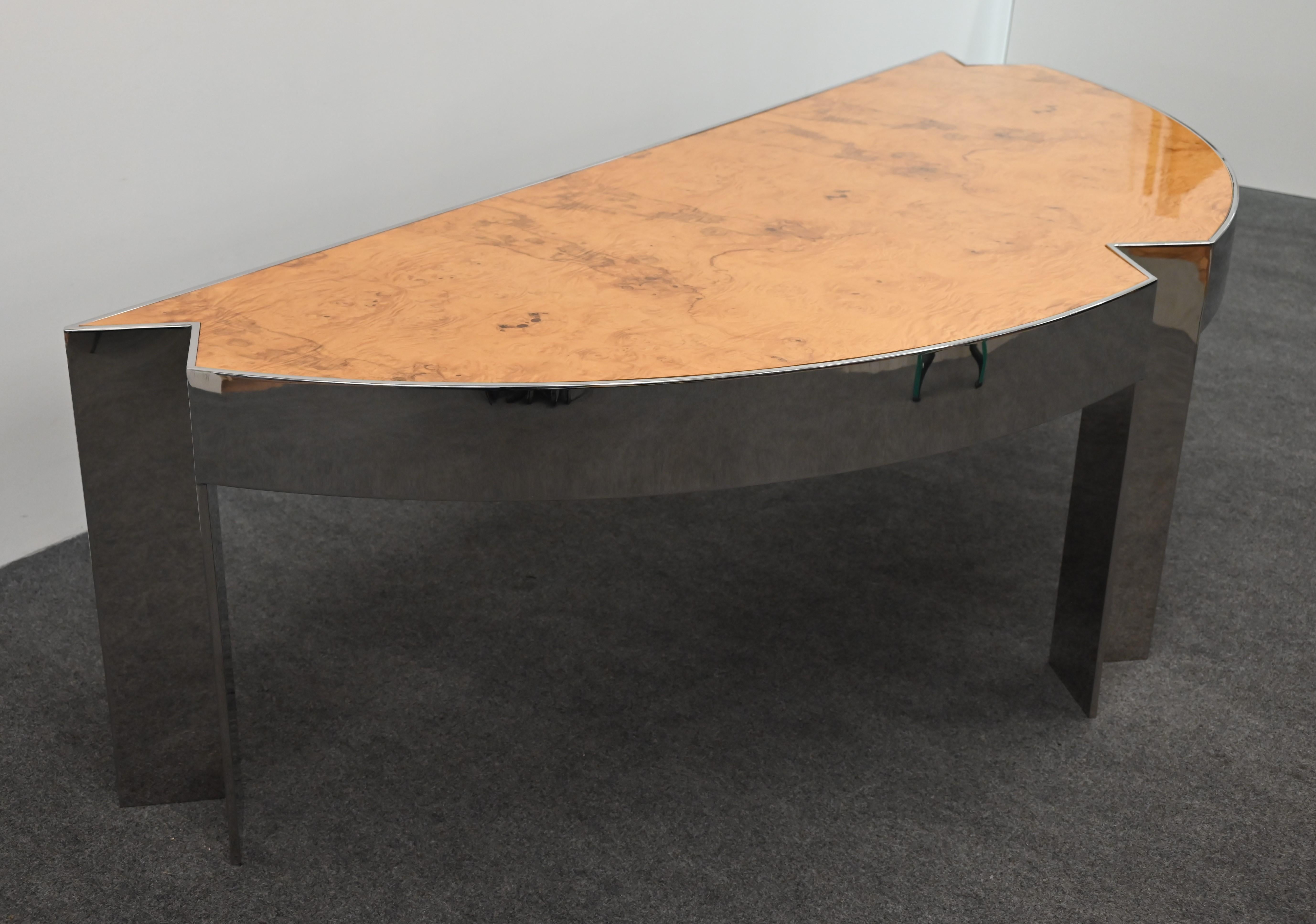 Stainless Steel and Burl Wood Desk by Leon Rosen for Pace, 1980s For Sale 9