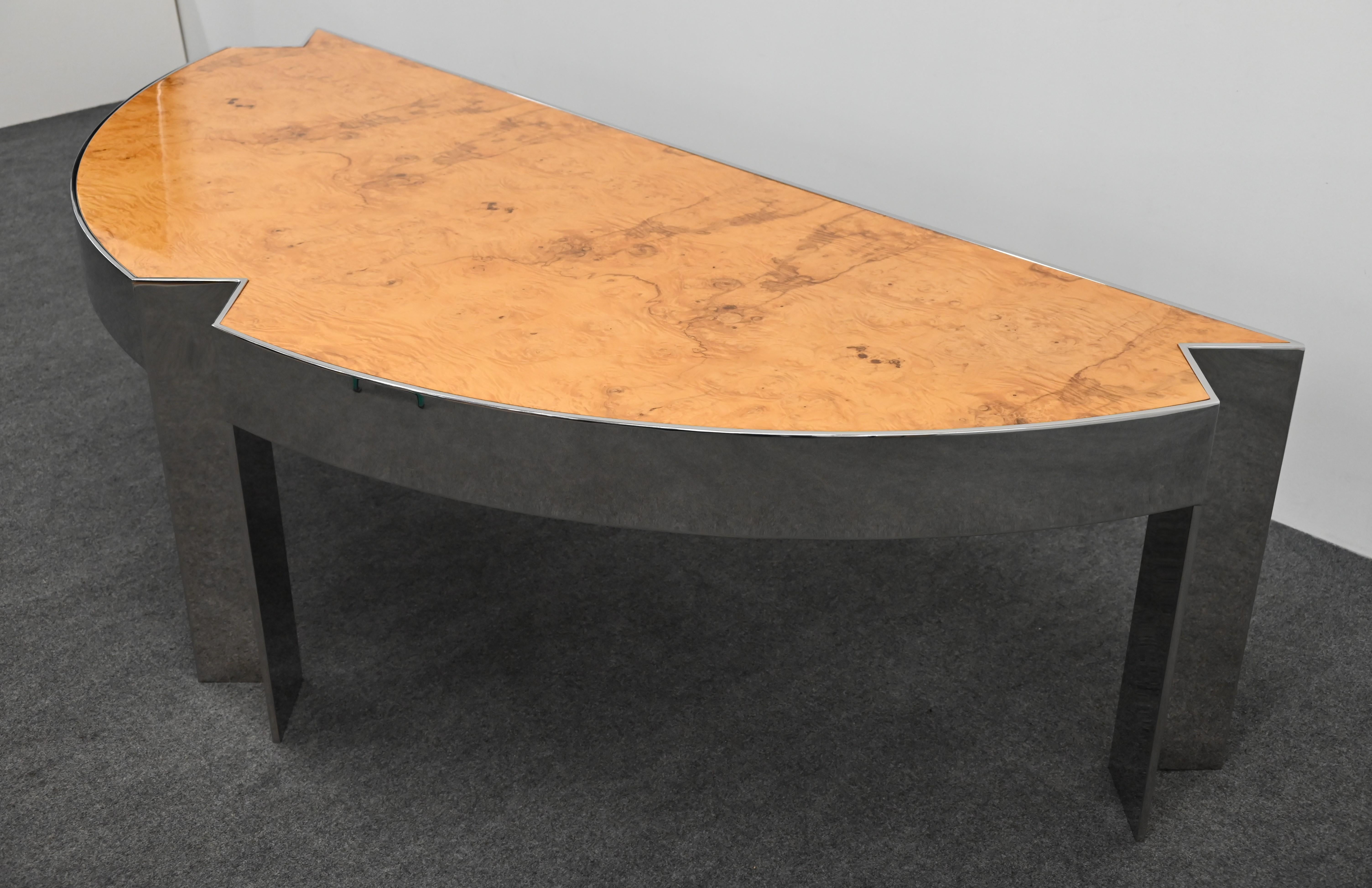 Stainless Steel and Burl Wood Desk by Leon Rosen for Pace, 1980s For Sale 10