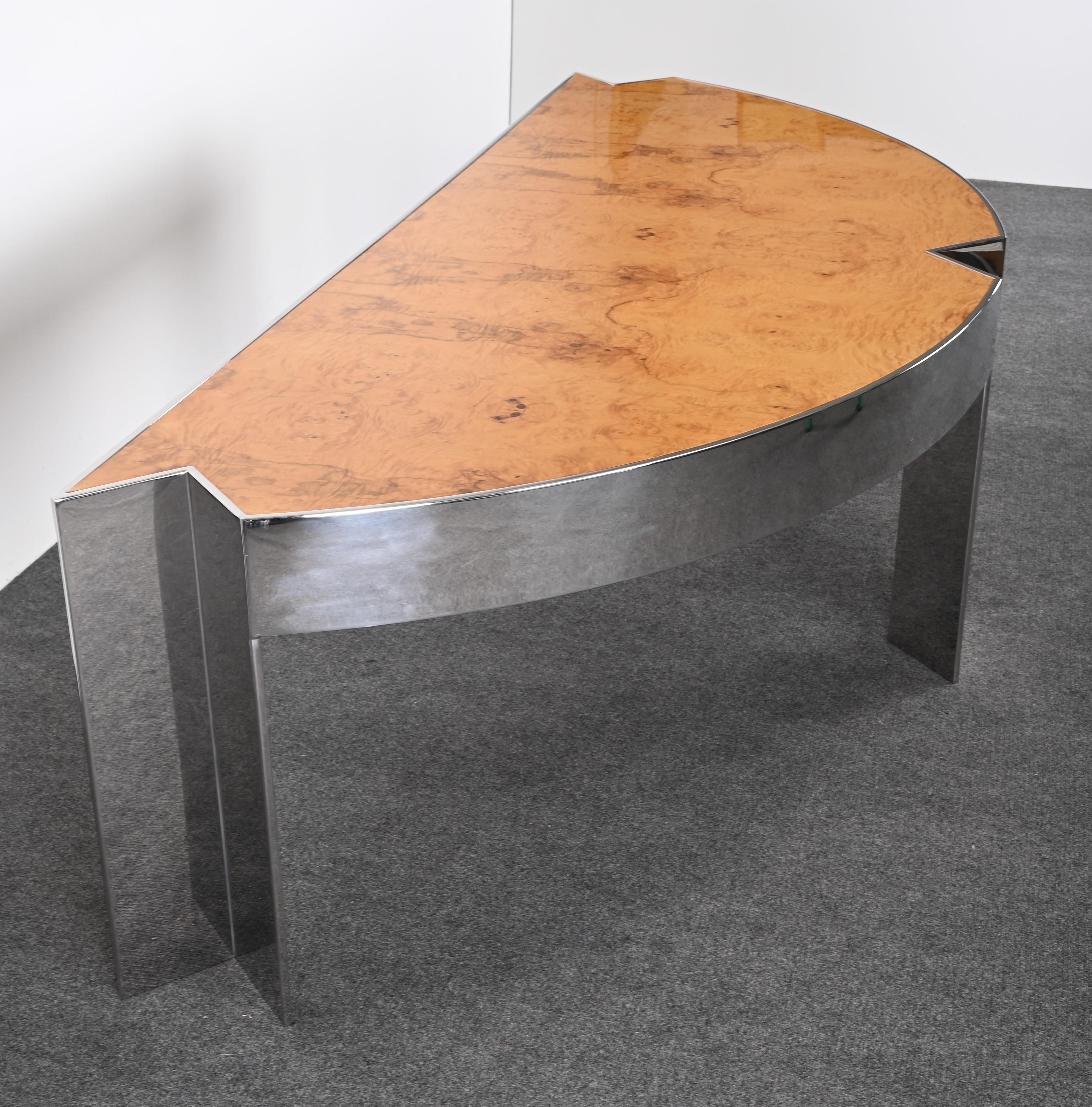 Stainless Steel and Burl Wood Desk by Leon Rosen for Pace, 1980s For Sale 14