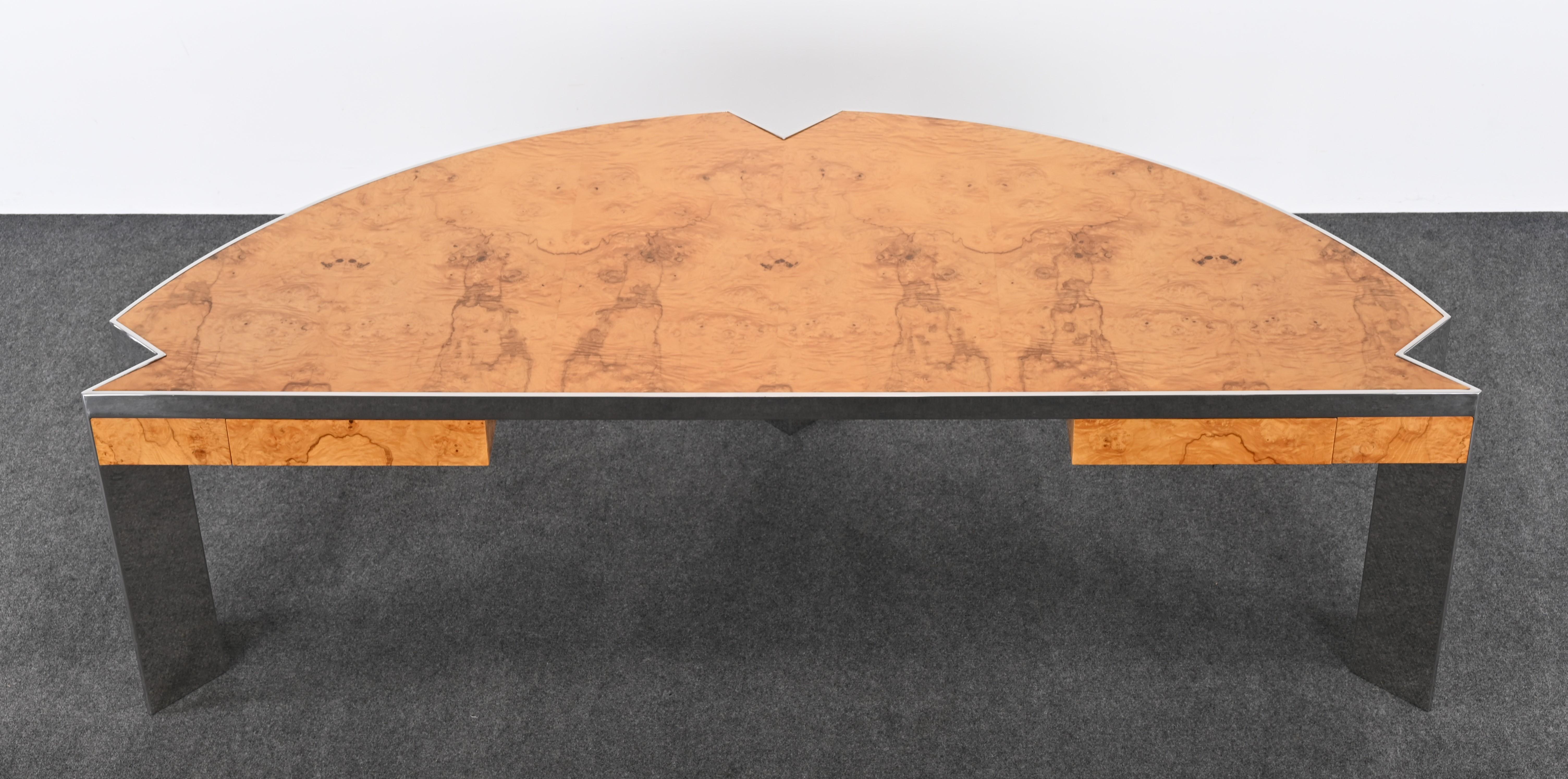 Mid-Century Modern Stainless Steel and Burl Wood Desk by Leon Rosen for Pace, 1980s For Sale