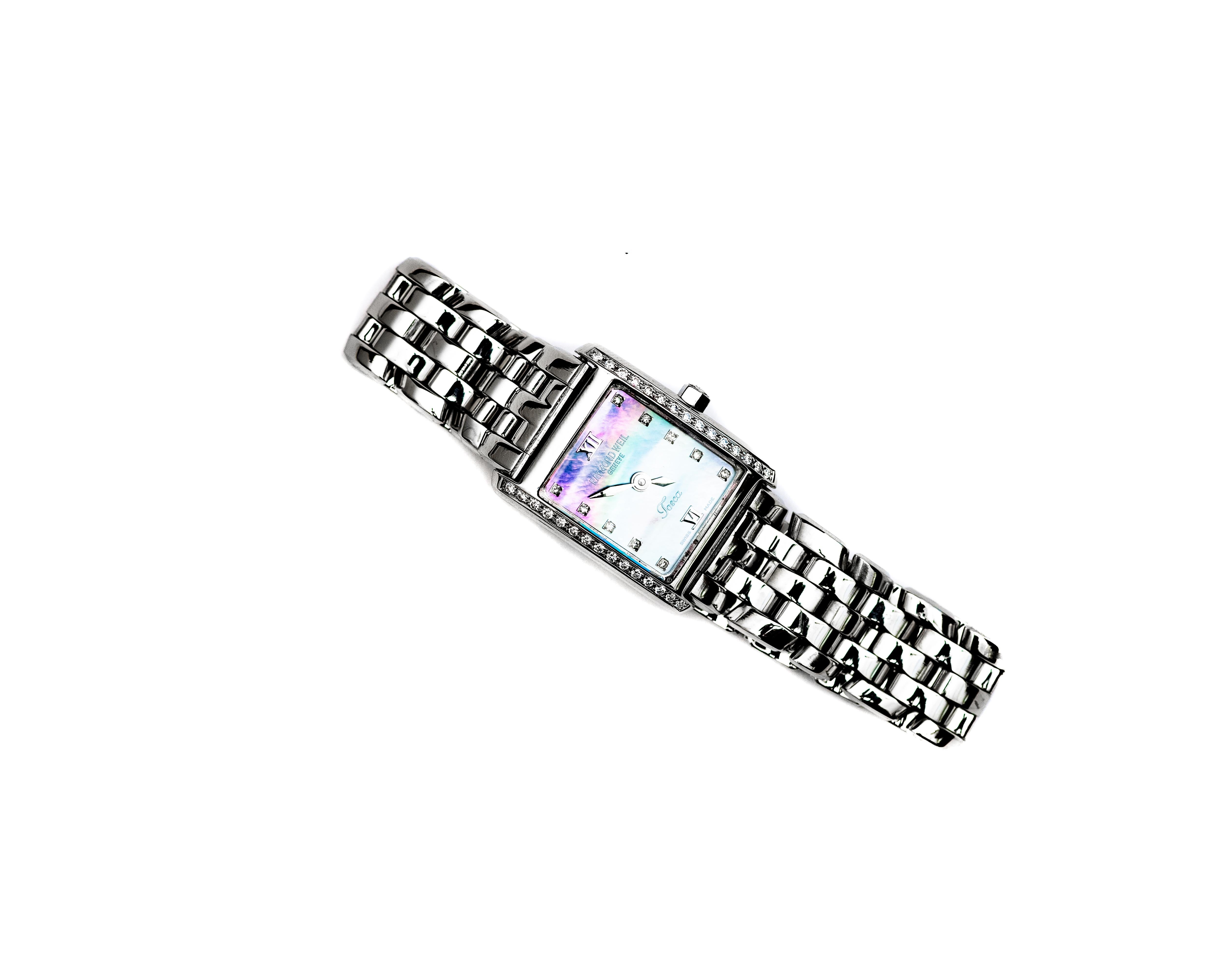 Raymond Weil Tosca Armbanduhr aus Edelstahl und Diamanten (Moderne) im Angebot
