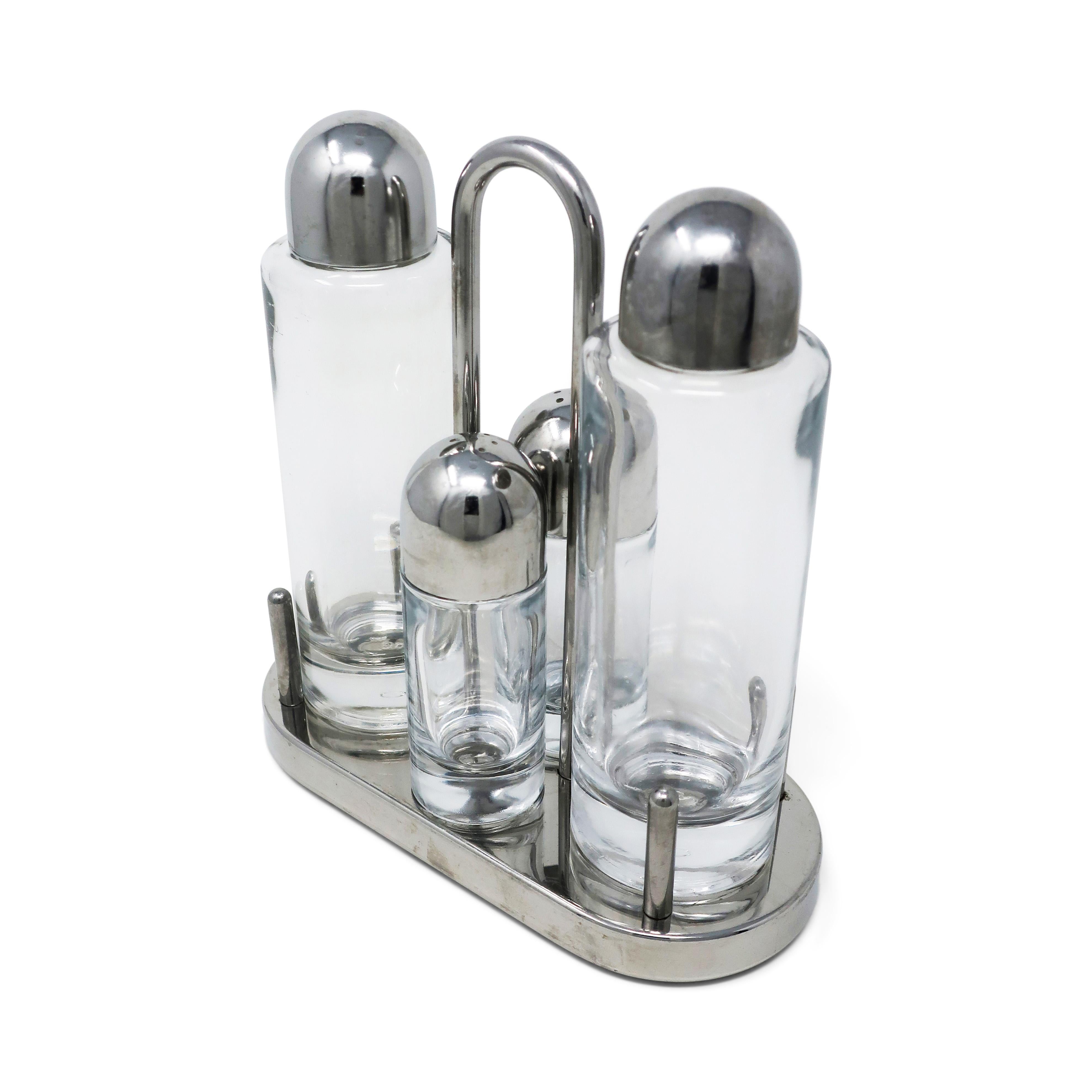 Stainless Steel and Glass Cruet Set by Ettore Sottsass for Alessi  In Good Condition For Sale In Brooklyn, NY