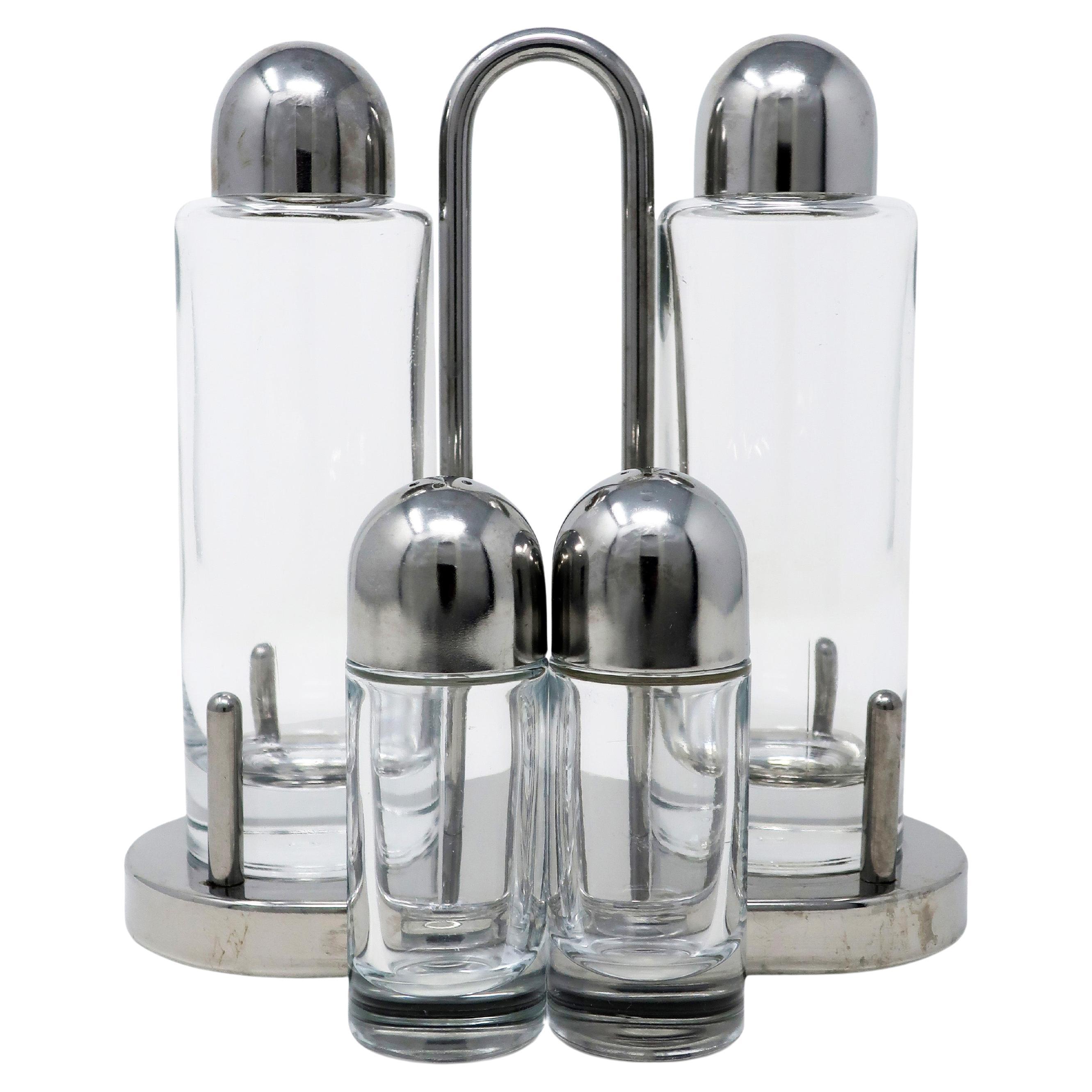 Stainless Steel and Glass Cruet Set by Ettore Sottsass for Alessi  For Sale