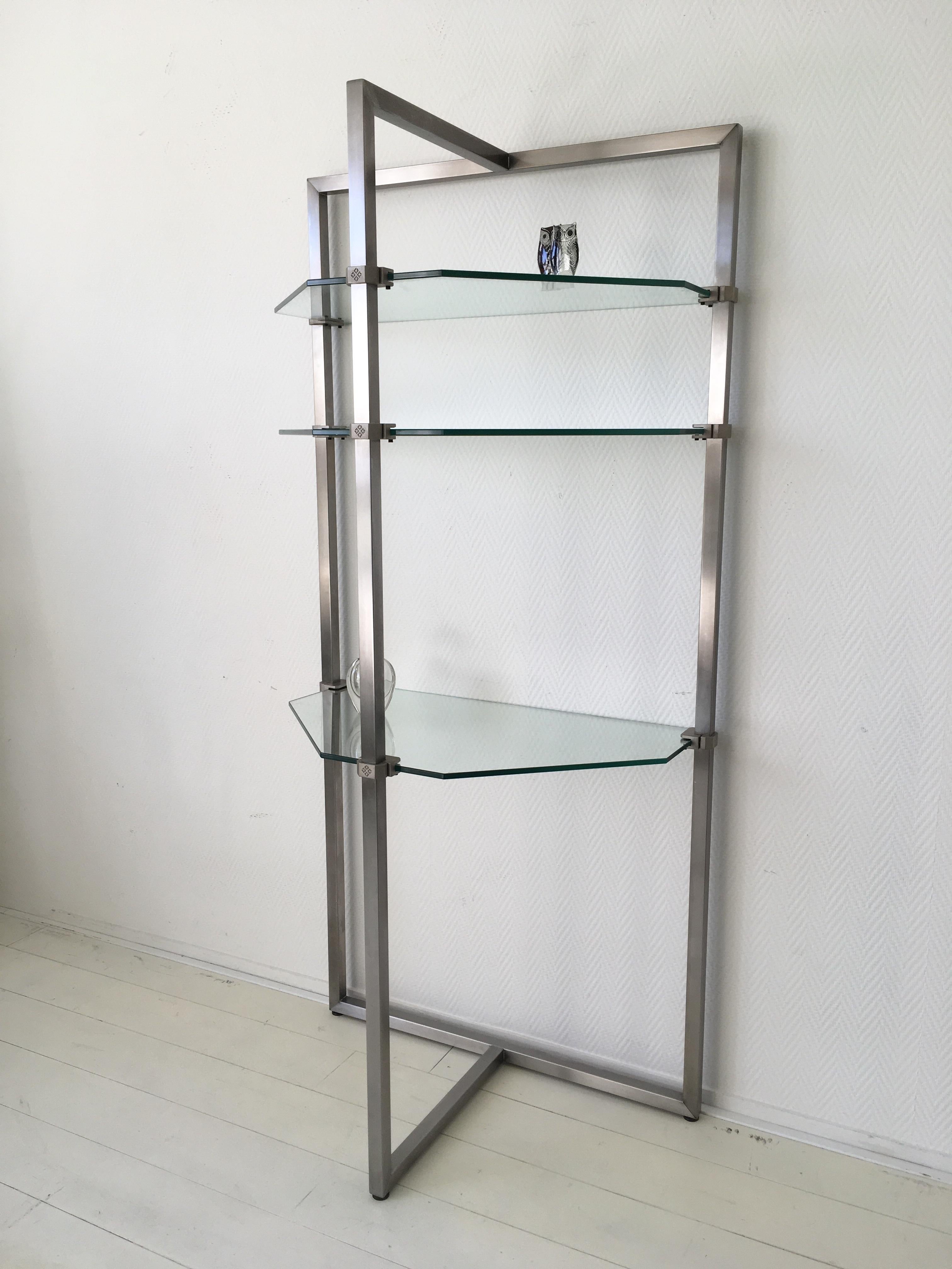 Dutch Stainless Steel and Glass Wall Shelf, Bookcase by Peter Ghyzy.  FINAL SALE For Sale