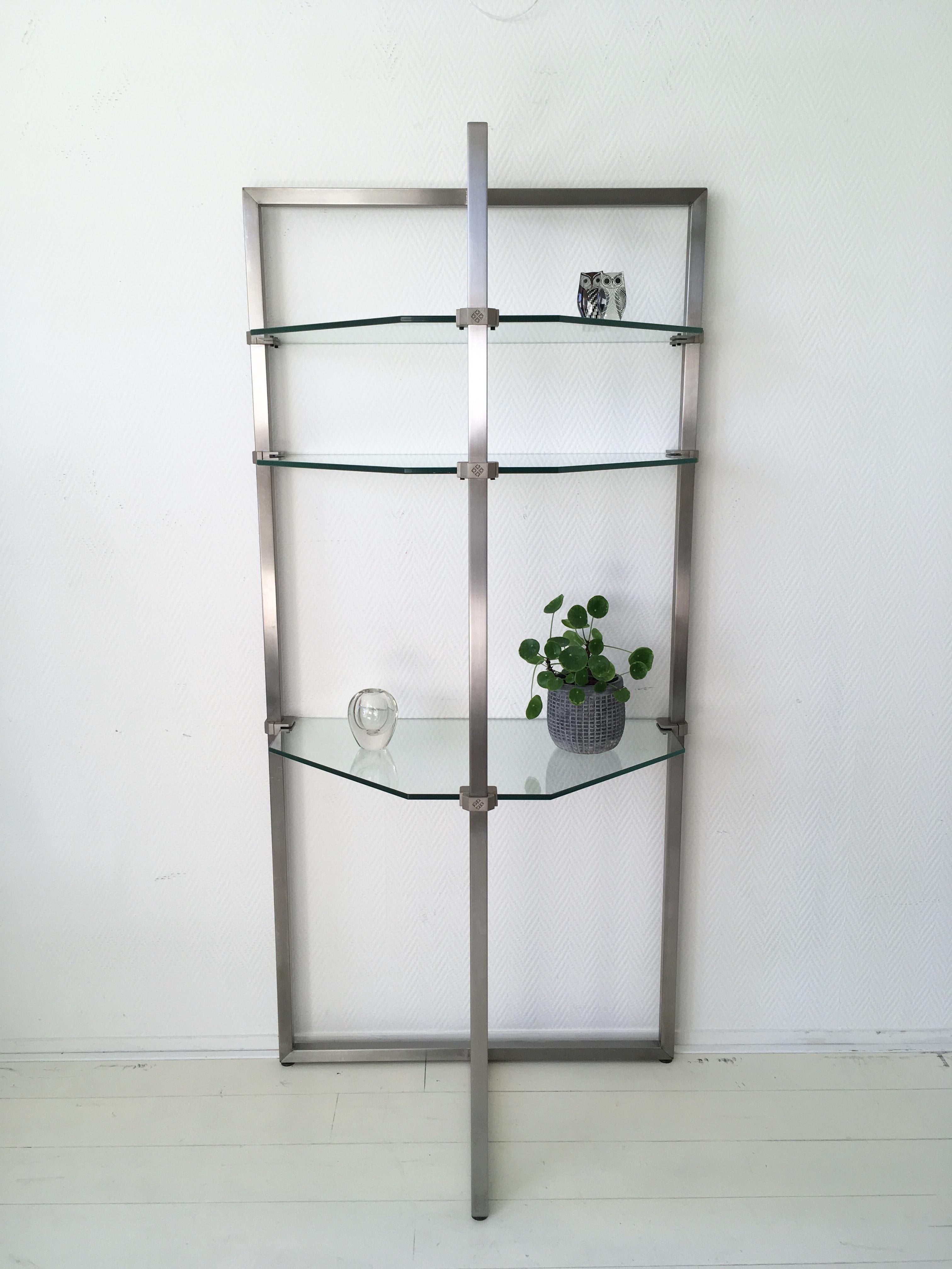 Stainless Steel and Glass Wall Shelf, Bookcase by Peter Ghyzy.  FINAL SALE In Good Condition For Sale In Schagen, NL