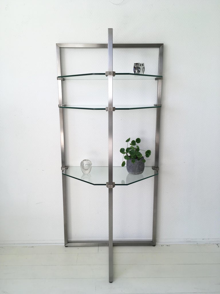 Stainless Steel and Glass Wall Shelf, Bookcase by Peter Ghyzy. FINAL