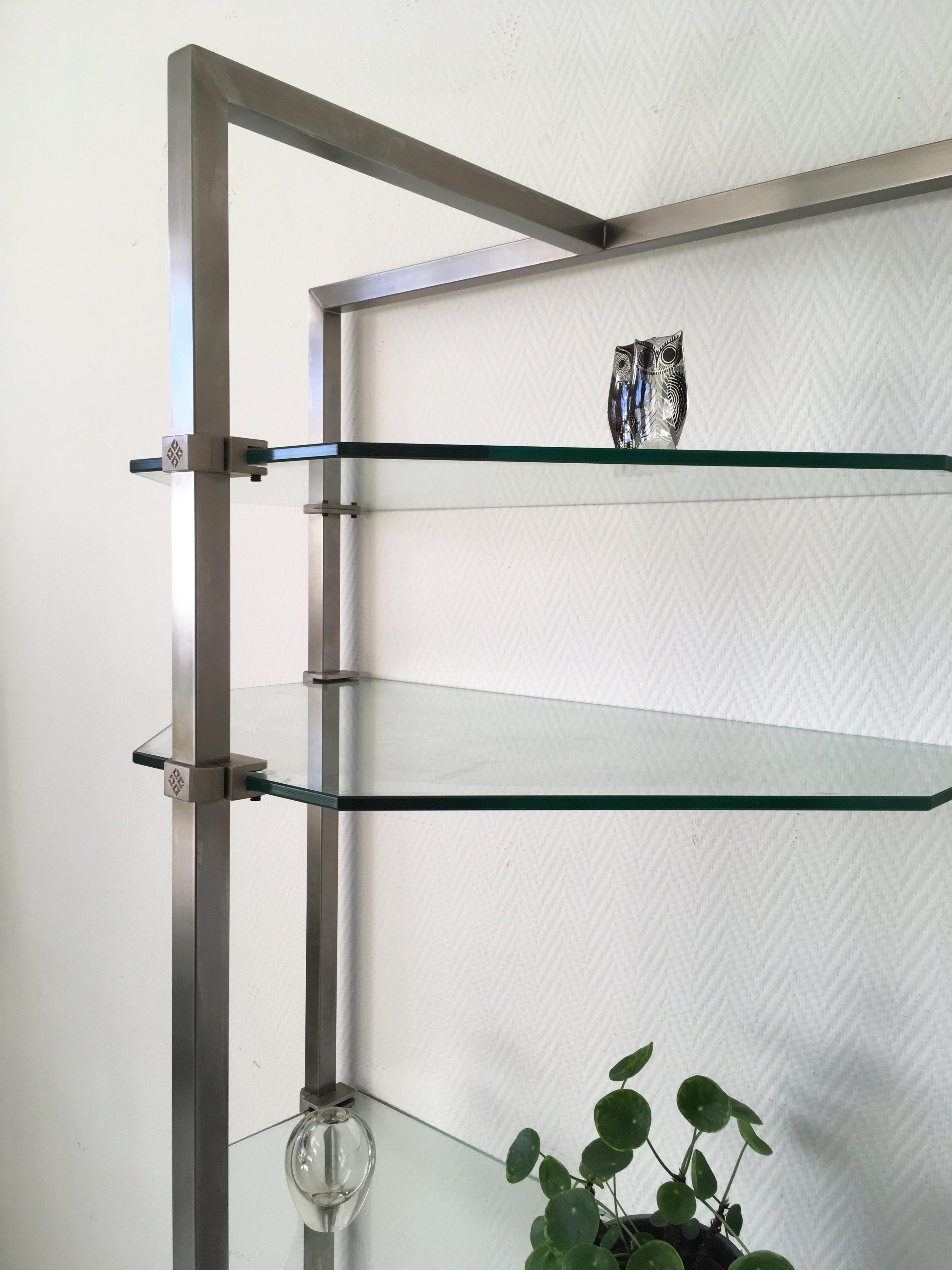 Late 20th Century Stainless Steel and Glass Wall Shelf, Bookcase by Peter Ghyzy.  FINAL SALE For Sale