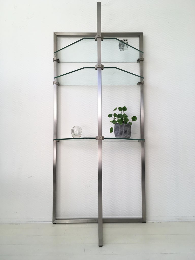 Stainless Steel and Glass Wall Shelf, Bookcase by Peter Ghyzy. FINAL