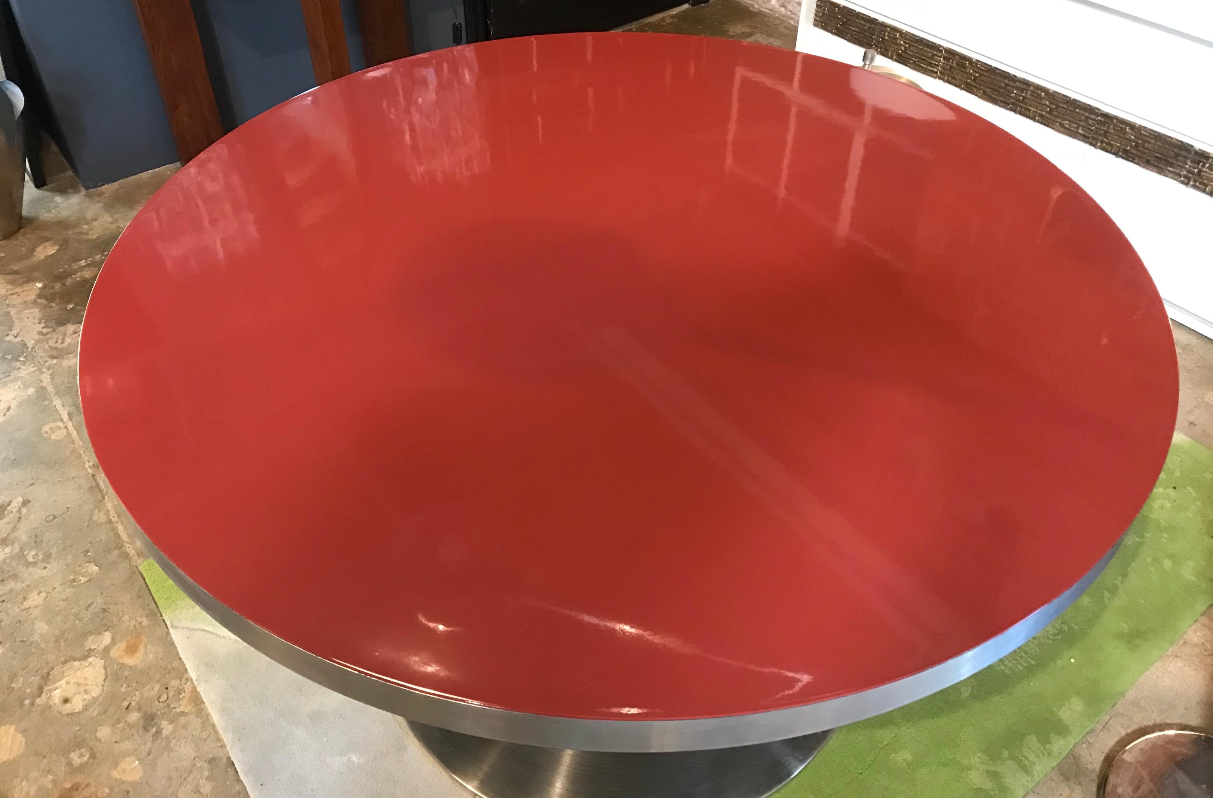 Italian Stainless Steel and Red Top Round Dining Table by Willy Rizzo, Italy, 1970s