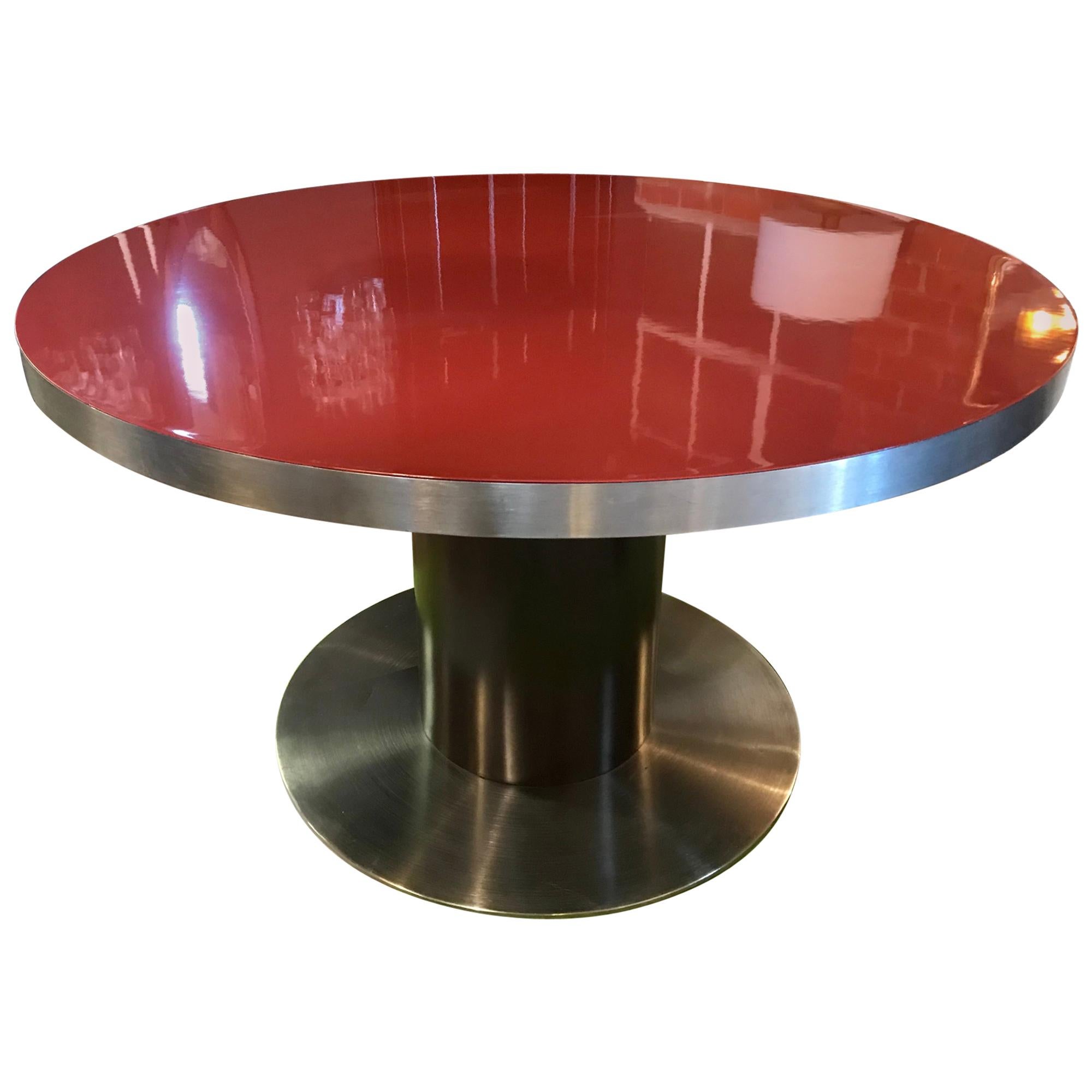 Stainless Steel and Red Top Round Dining Table by Willy Rizzo, Italy, 1970s