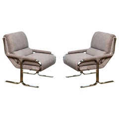 Stainless Steel and Upholstered Lounge Chairs Attributed to Milo Baughman