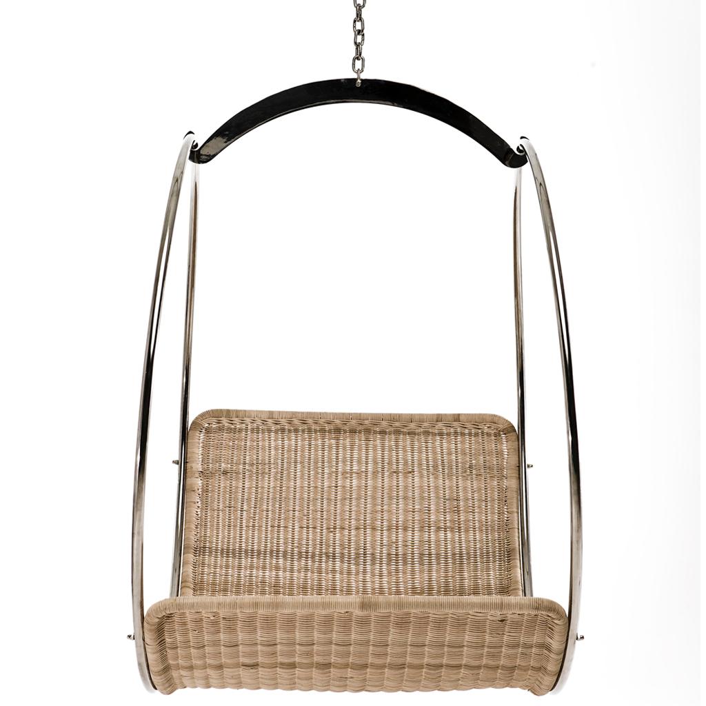 This contemporary adult swing is a specialty chair by Egg Designs, it has a stainless steel frame and a synthetic wicker seating shell. Also available in natural wicker. The swing chair can be suspended from a firm surface via a galvanized steel