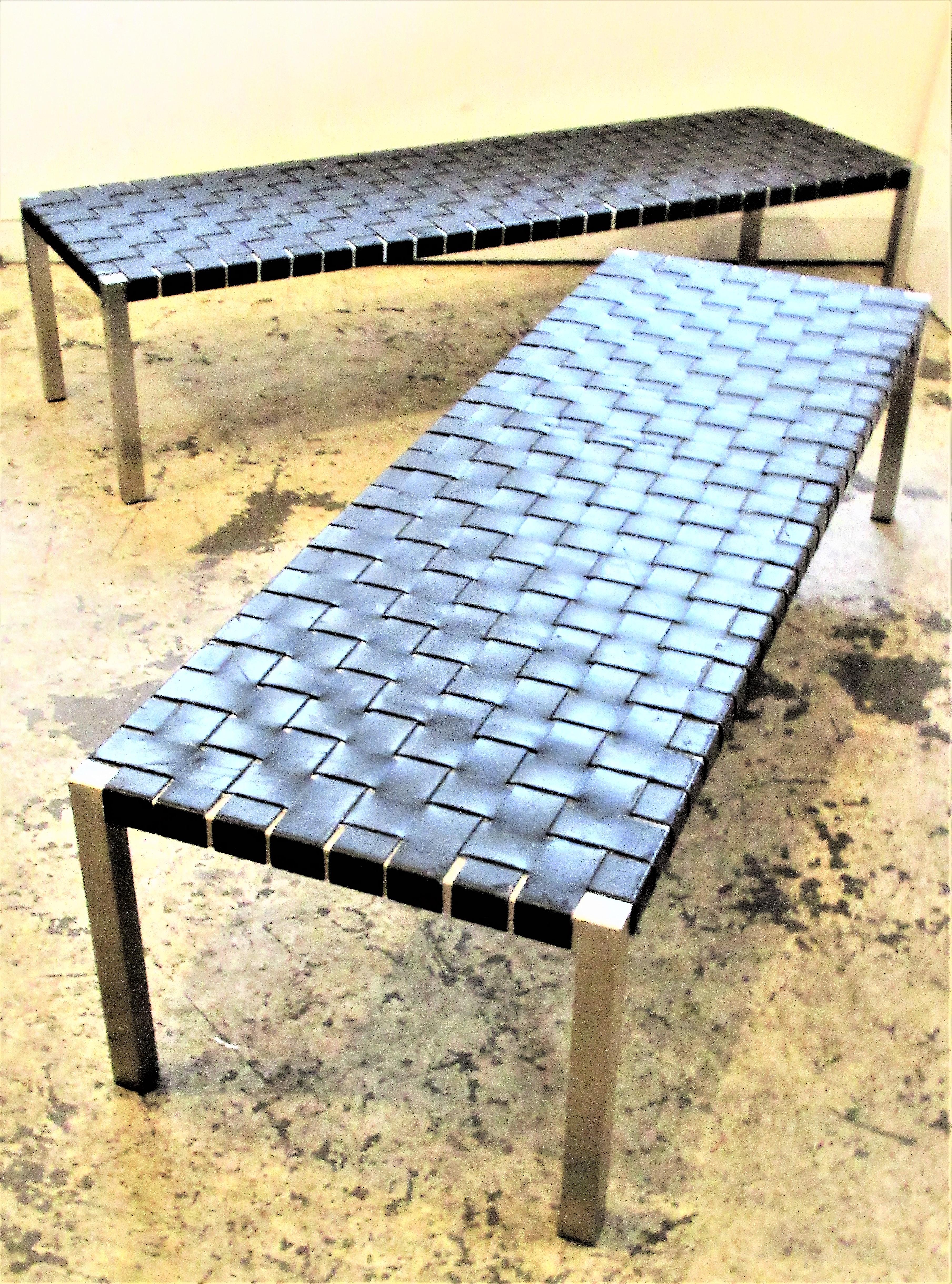 International Style Stainless Steel and Woven Leather Benches by Ralph Lauren
