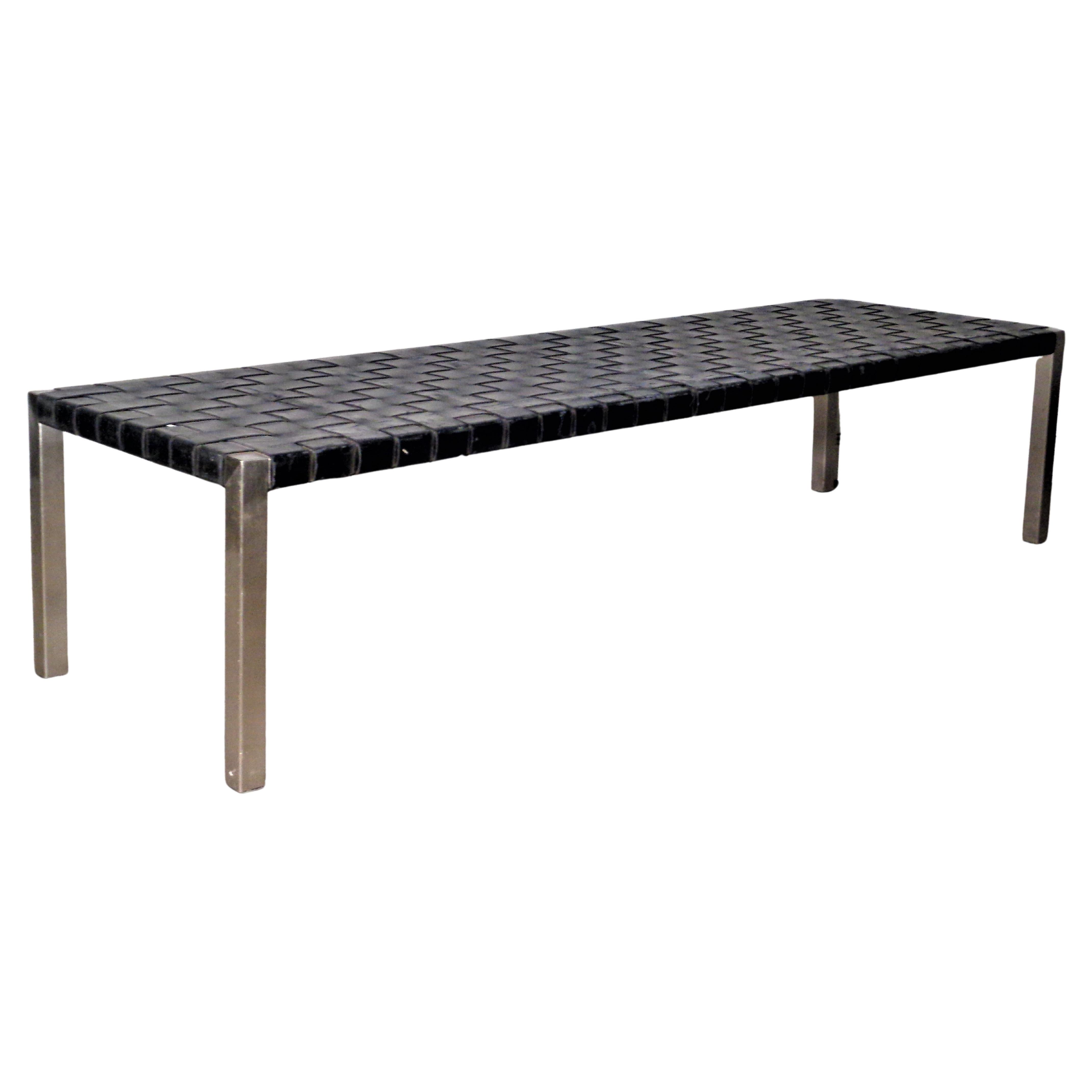 Stainless Steel and Woven Leather Long Bench by Ralph Lauren, Circa 1980