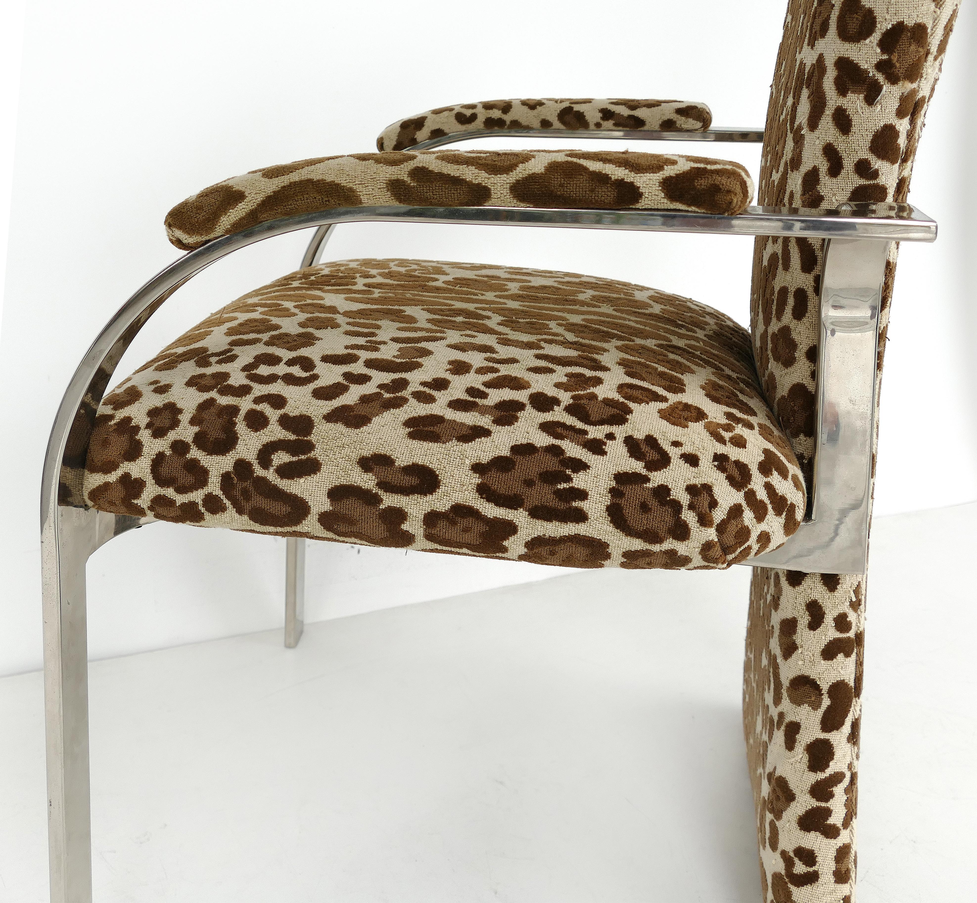 North American Stainless Steel Armchairs with Leopard Animal Print Upholstery