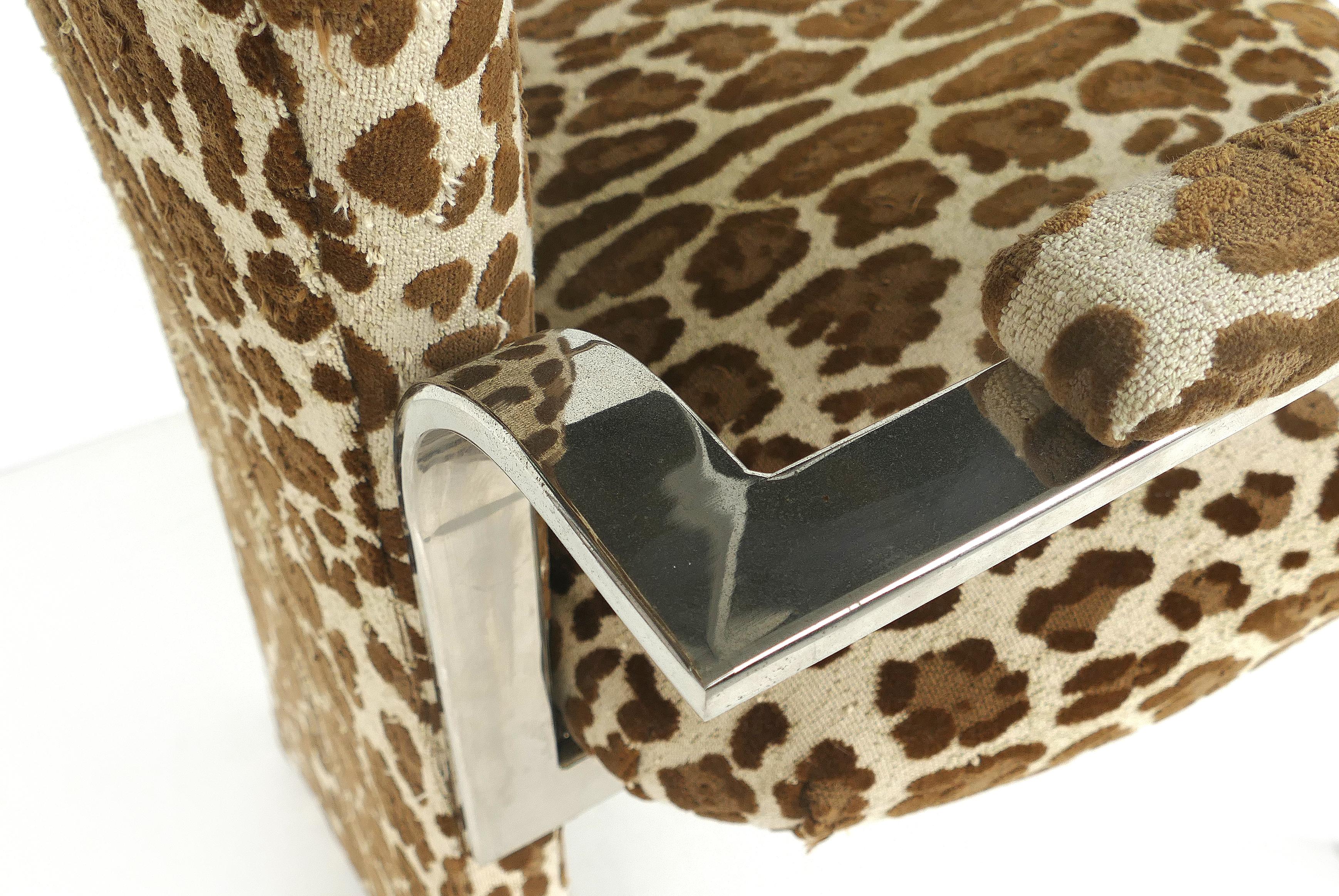 Stainless Steel Armchairs with Leopard Animal Print Upholstery In Good Condition In Miami, FL