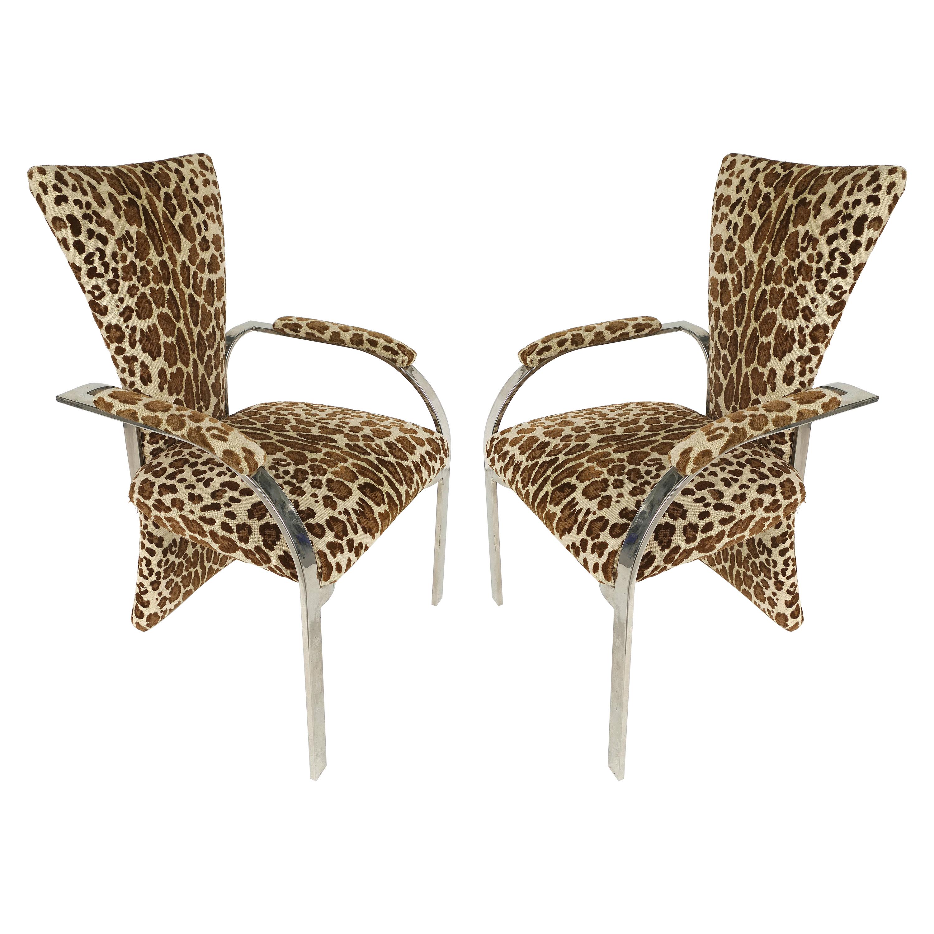 Stainless Steel Armchairs with Leopard Animal Print Upholstery