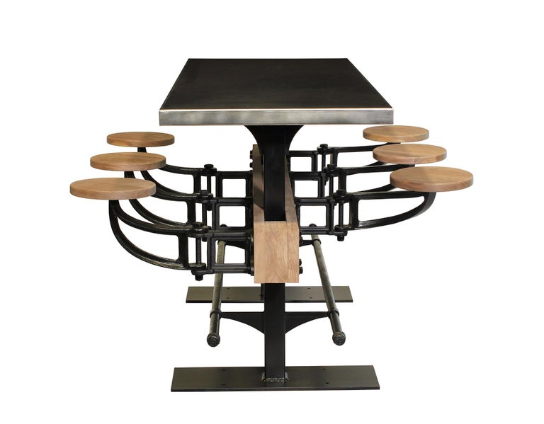 Stainless Steel Bar Height Dining Table with Attached Seats For Sale at